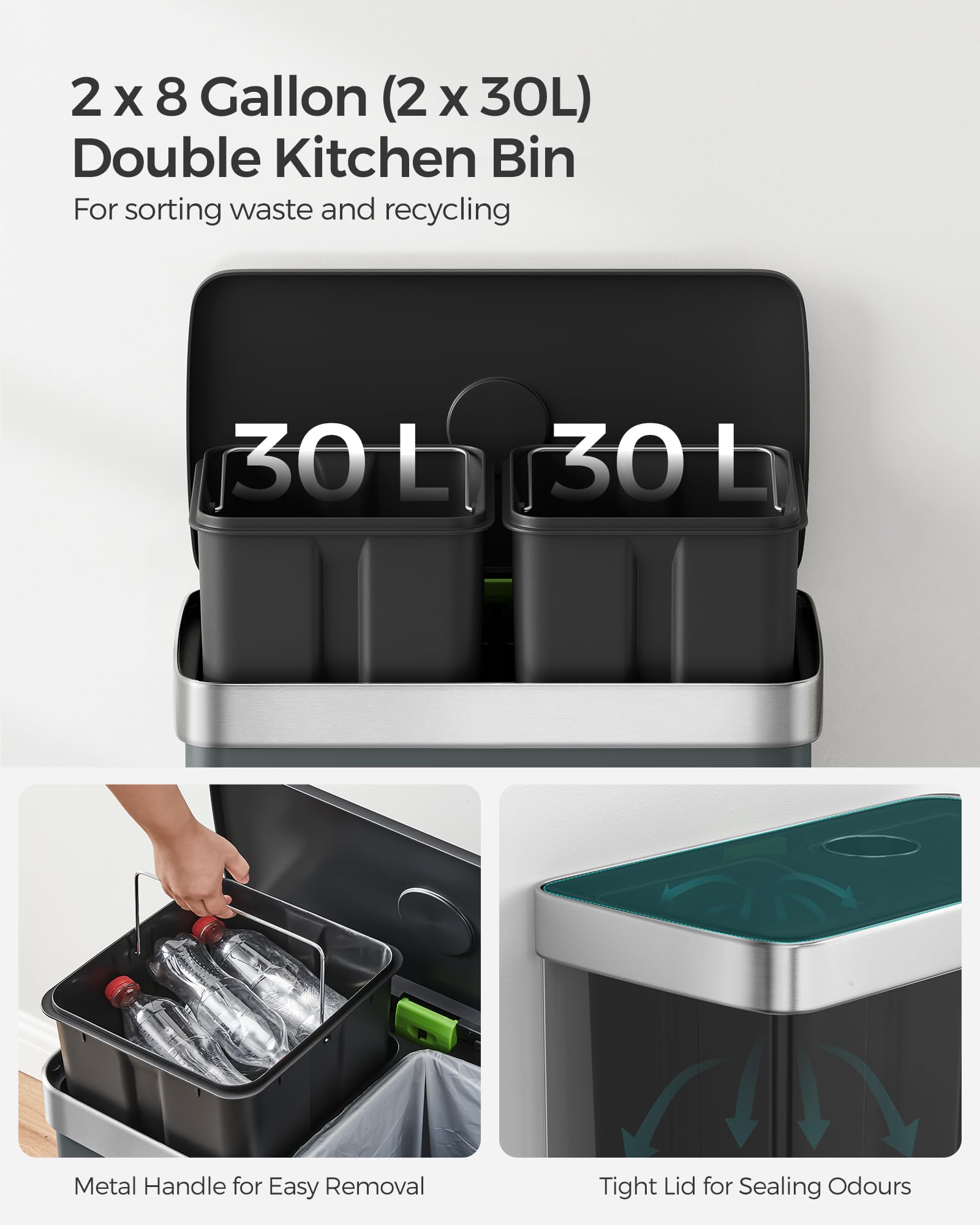 SONGMICS Kitchen Pedal Bin - 2 x 30L Dual Compartment Waste Separation System | Stainless Steel | Greenish Grey 4
