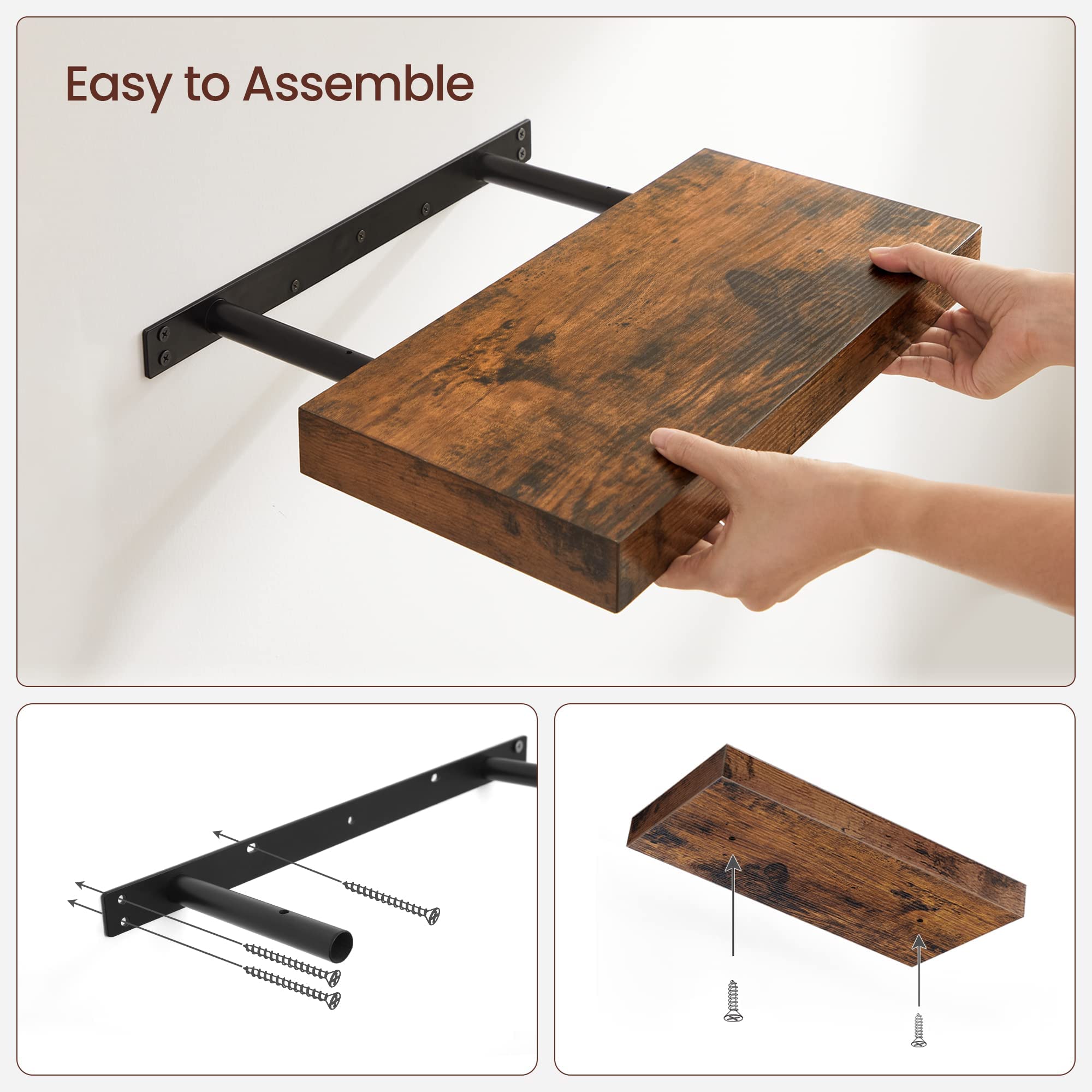 VASAGLE Floating Wall Shelf - Rustic Brown | 60 x 20 x 3.8 cm | MDF & Metal | 10 kg Capacity 6