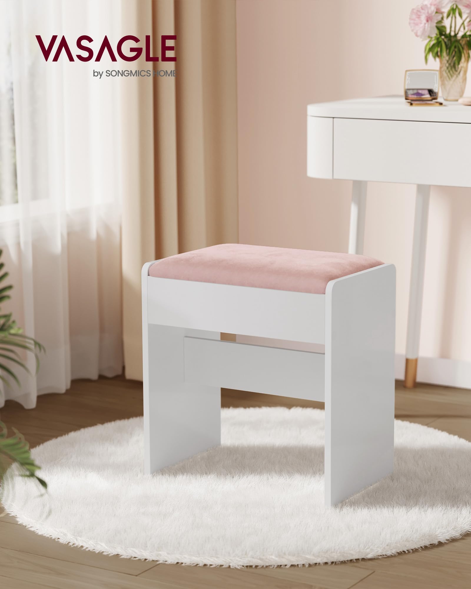 VASAGLE Upholstered Makeup Stool - Velvet Seat, Sturdy Particleboard Frame | Matte White + Jelly Pink 3