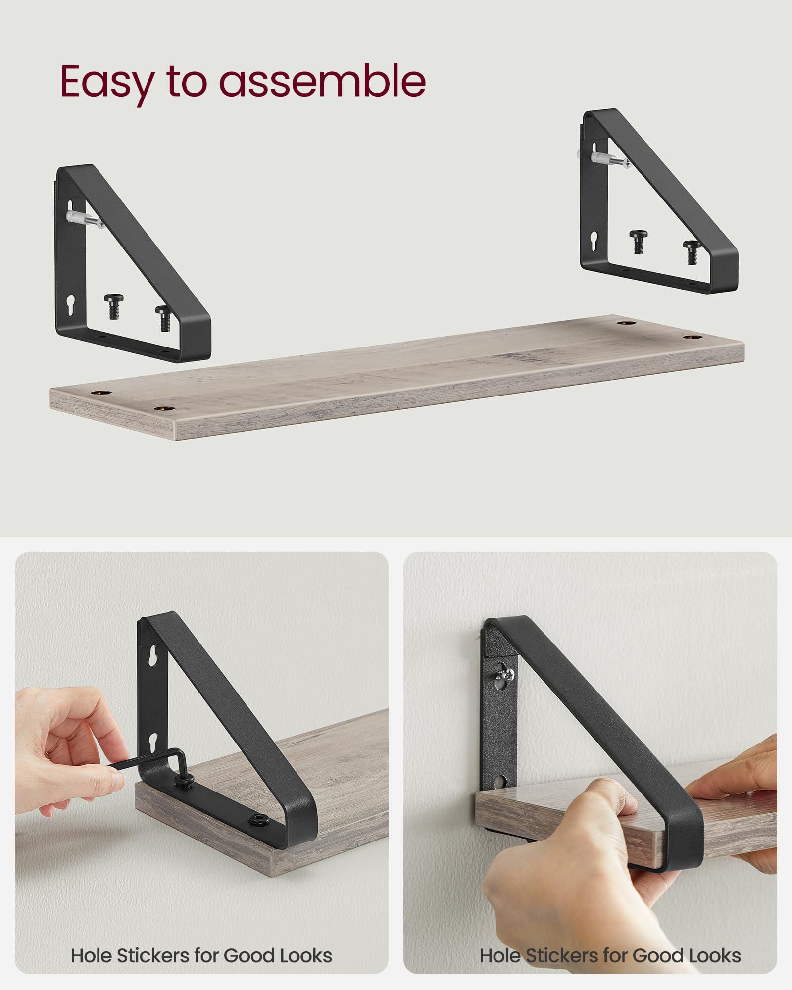 VASAGLE Floating Wall Shelves - Set of 3 Display Shelves | Heather Greige & Matte Black | Max 10 kg Capacity Each 9