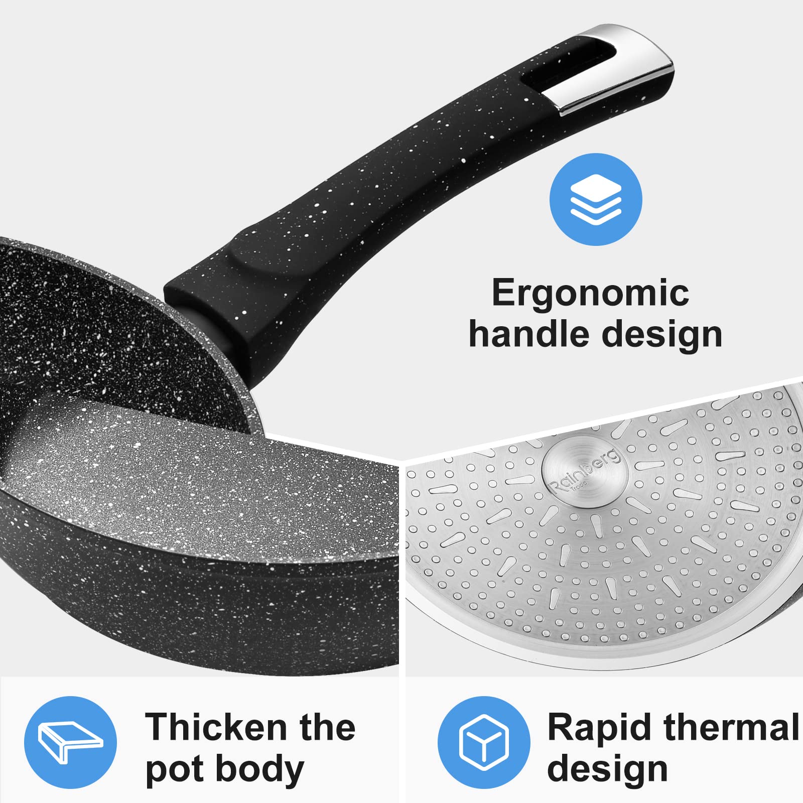 Rainberg 24cm Deep Frying Pan with Lid, Granite Nonstick, Induction Compatible, Black 6