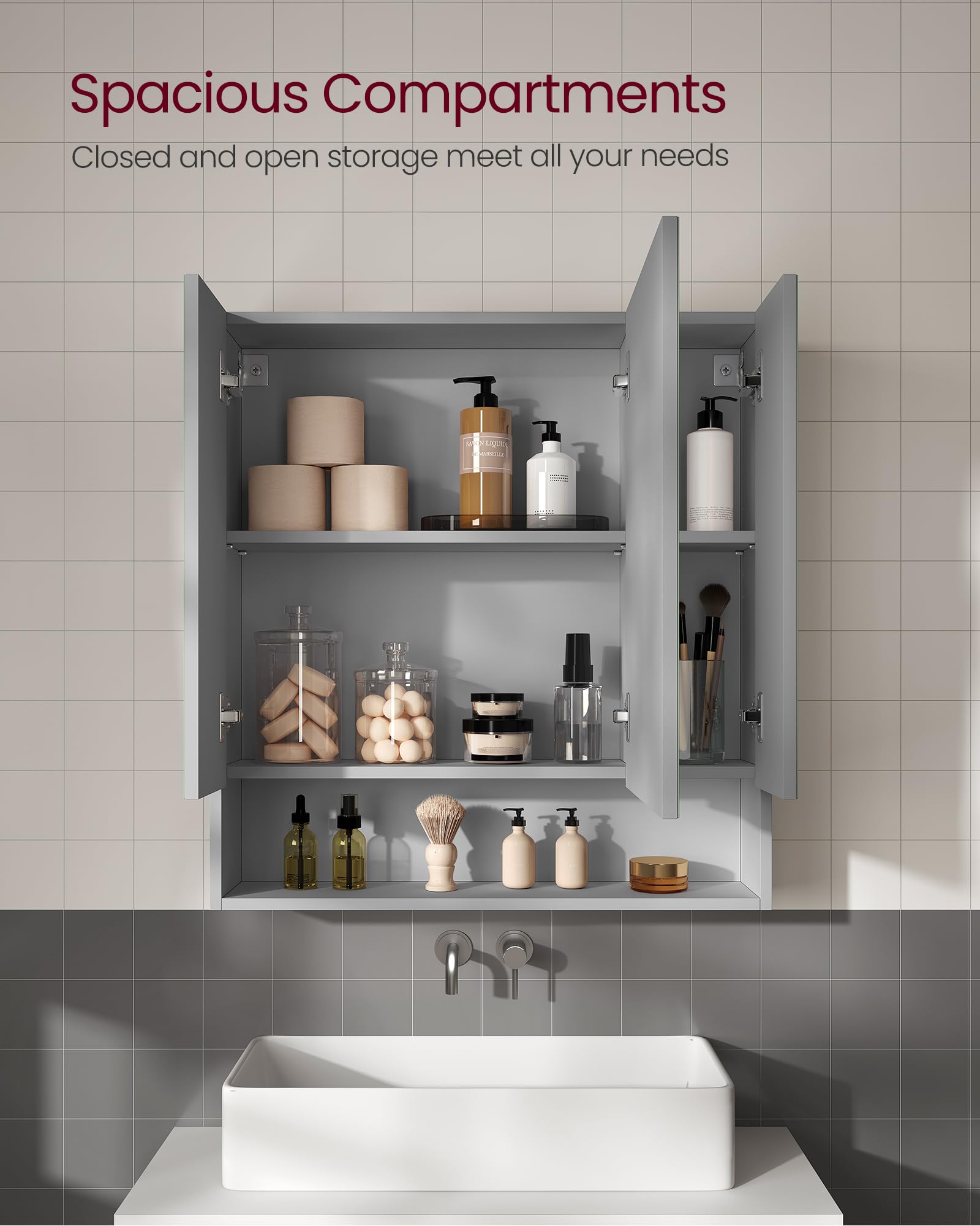 VASAGLE KAILYN Bathroom Mirror Cabinet - Dove Grey | 70W cm | Adjustable Shelves 5