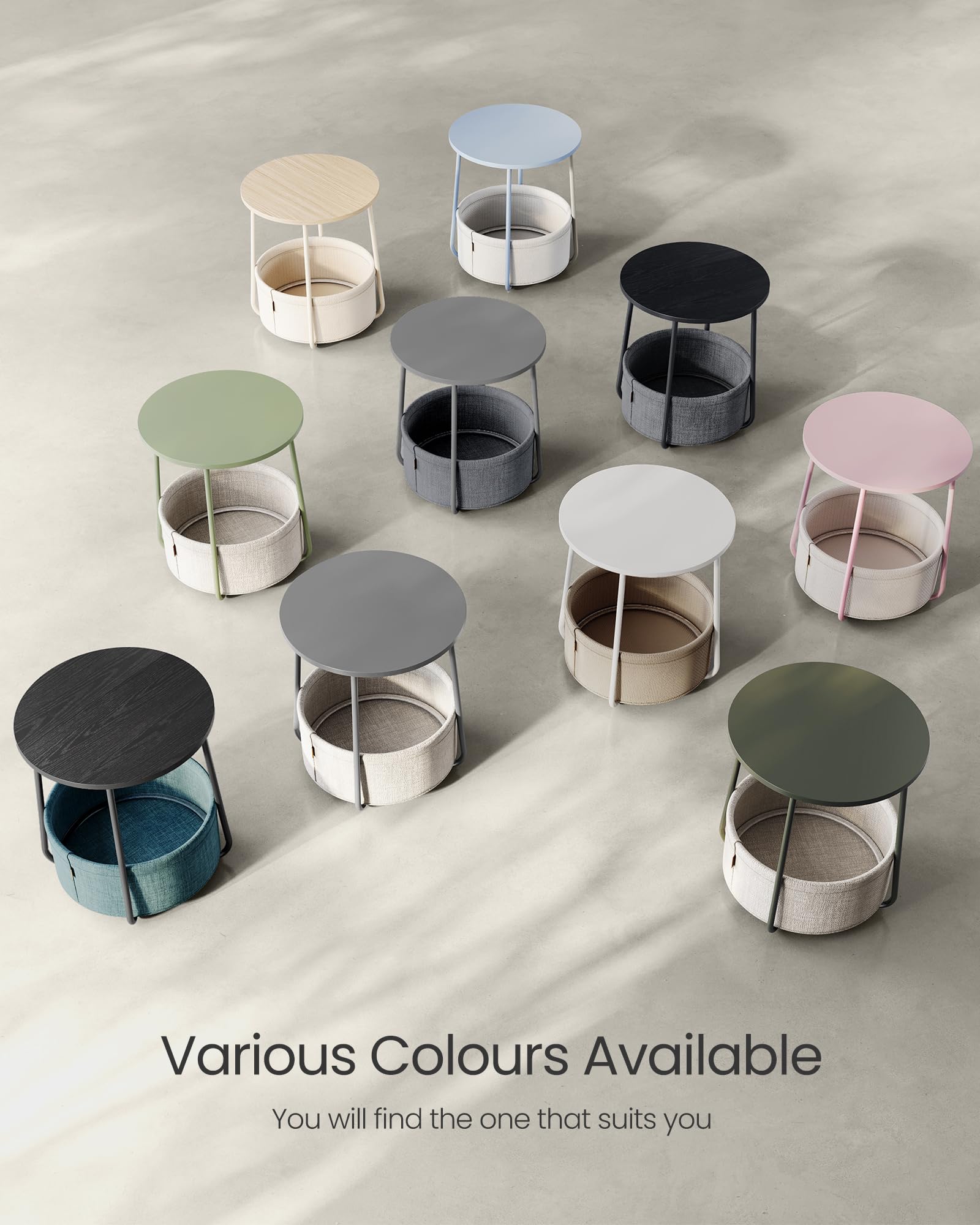 VASAGLE Round End Table with Fabric Basket | 45 x 50 cm | Cream White | Storage 8
