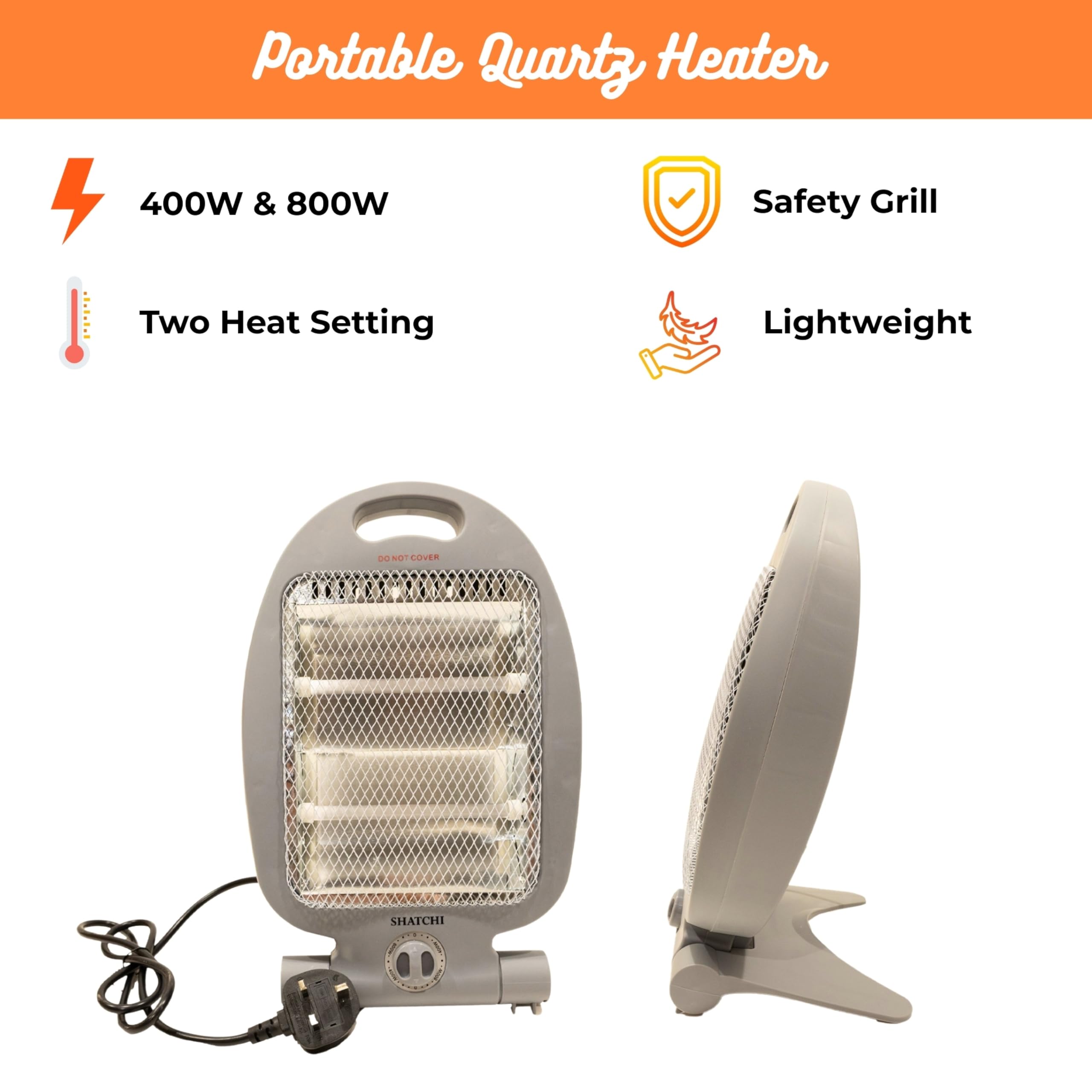 SHATCHI 800W Halogen Heater - Portable Quartz with 2 Heat Settings (400W/800W) | White Quartz 7