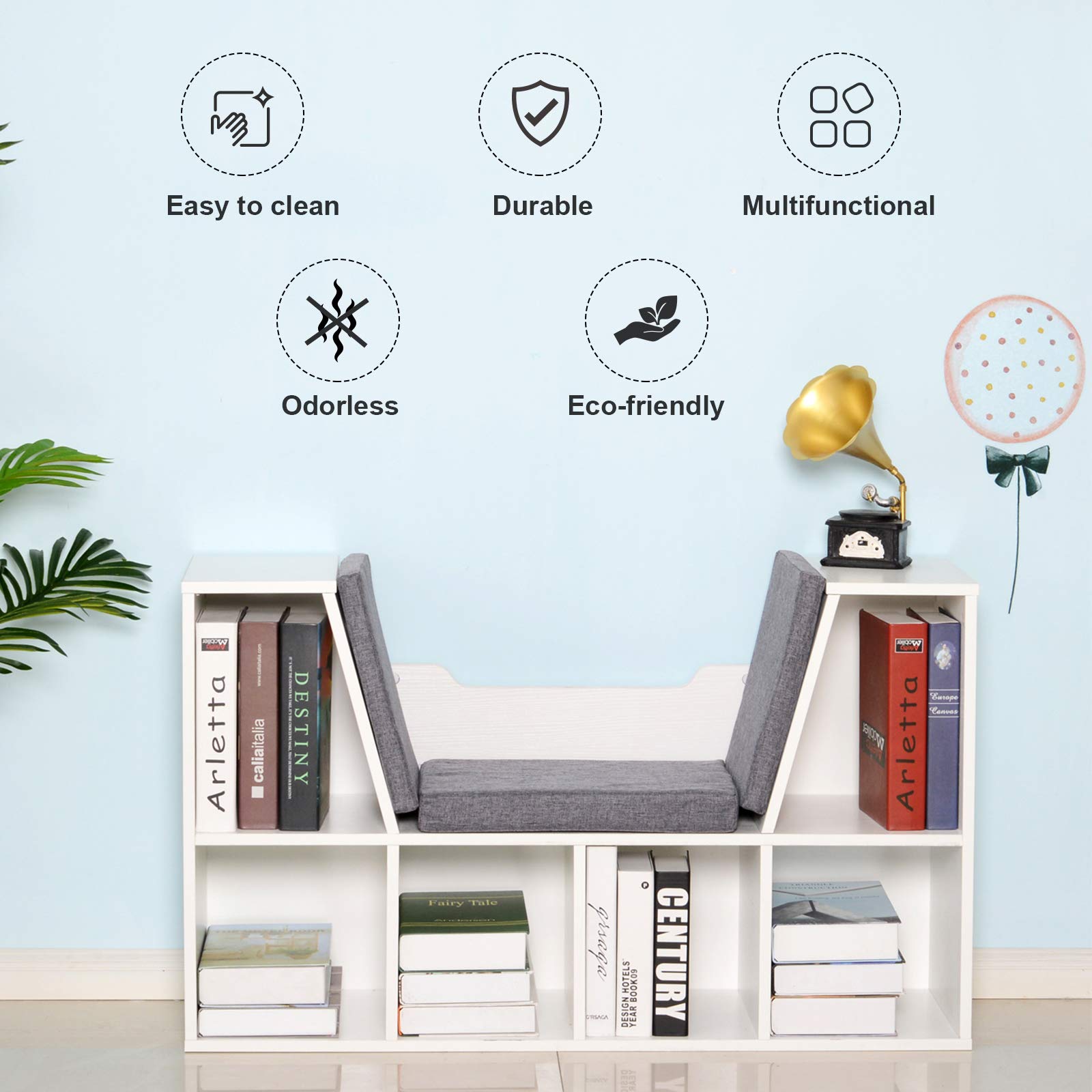 HOMCOM Bookcase Storage Shelf with Cushioned Reading Seat | 6 Cubbies | White Engineered Wood 6