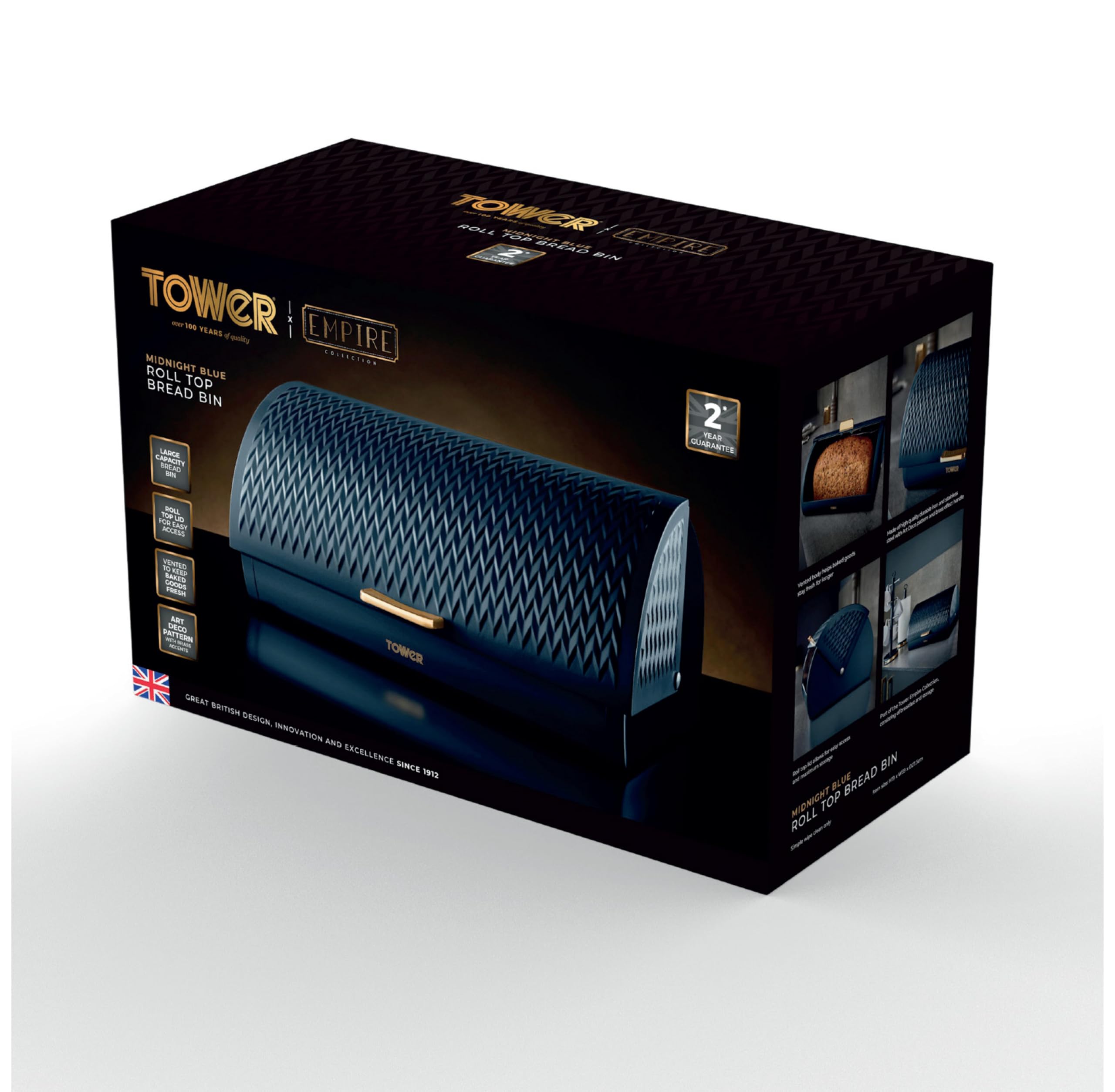 Tower Empire Roll Top Bread Bin - Art Deco Design | Stainless Steel | Midnight Blue & Brass 9