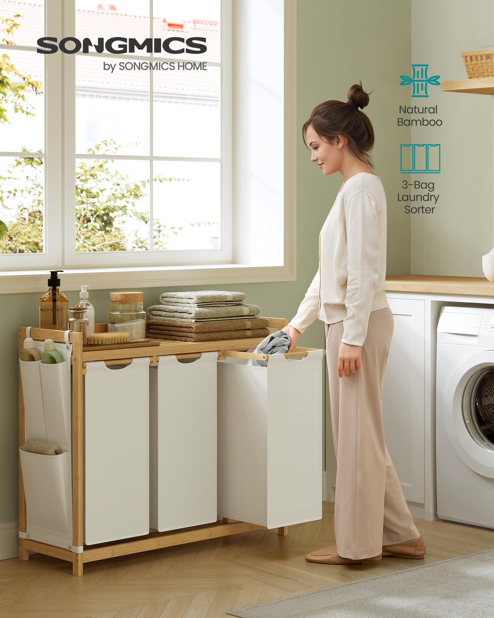 SONGMICS Laundry Basket with 3 Compartments | 150 L Capacity | Bamboo Frame | Cream White 3