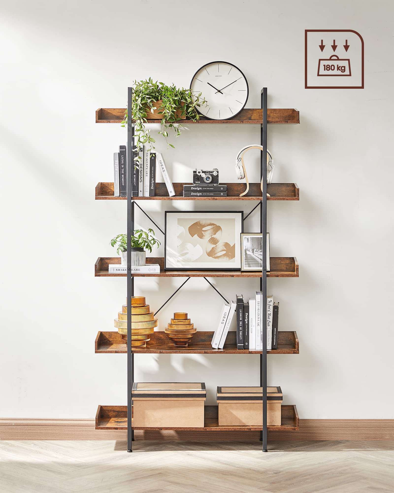 VASAGLE Industrial Bookcase - 5-Tier Shelving Unit | Rustic Brown & Black | 100 x 28 x 178 cm 9