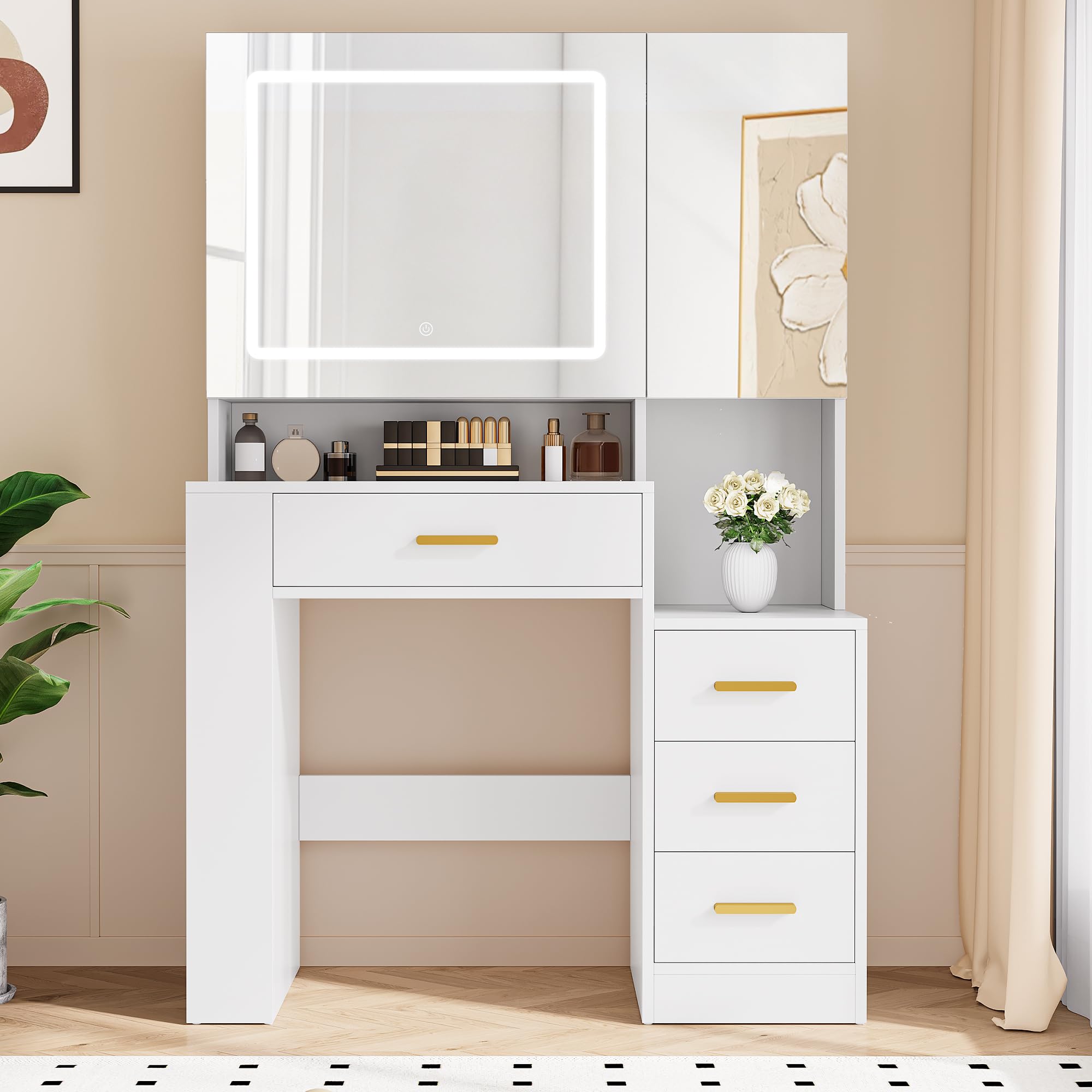 YITAHOME Dressing Table with Dual Mirror & LED Lights | White with 4 Drawers | 90x40x140cm 7