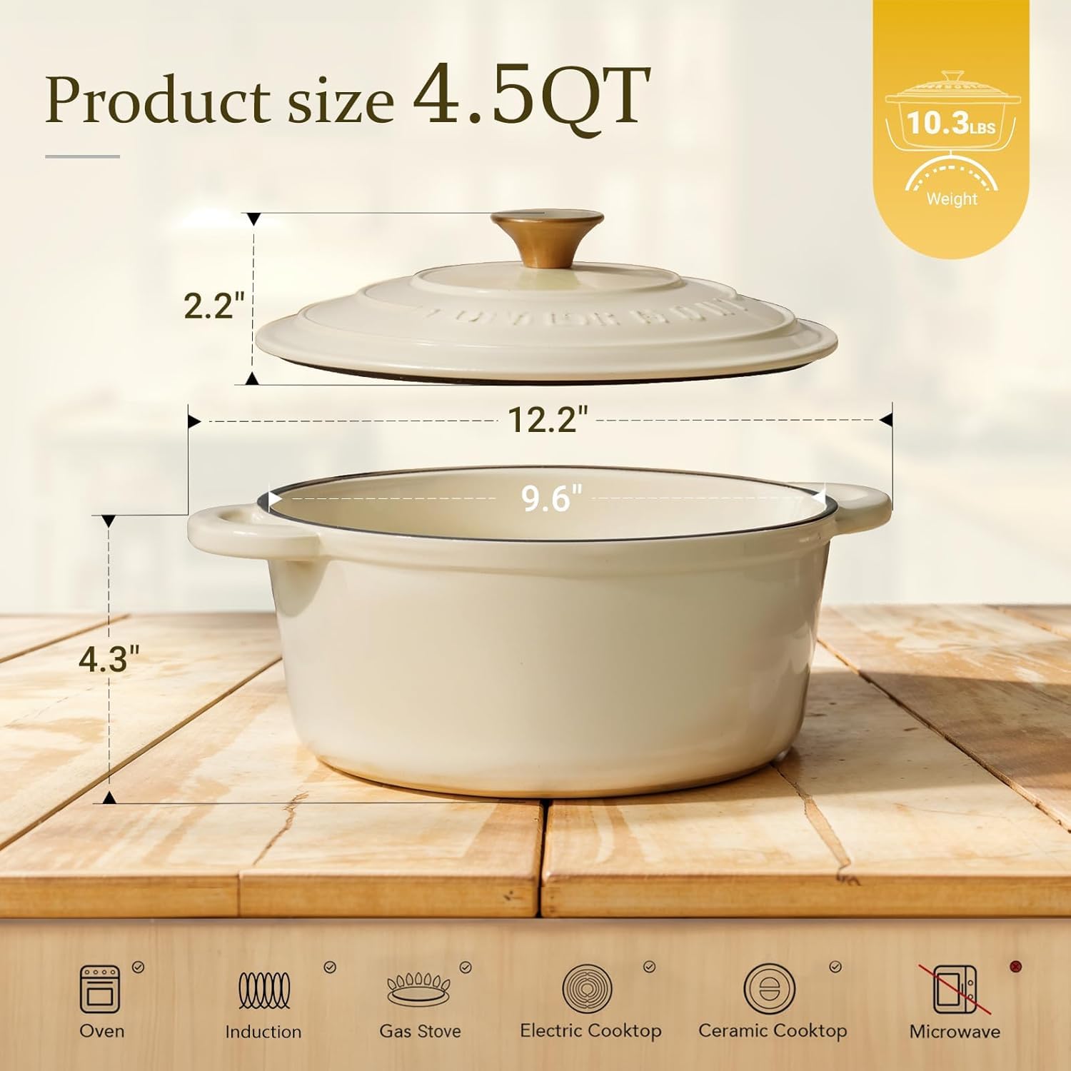 OVERMONT 24cm/4.2L Enamelled Cast Iron Round Casserole Pot with Lid | 4.5QT | Cream White 3
