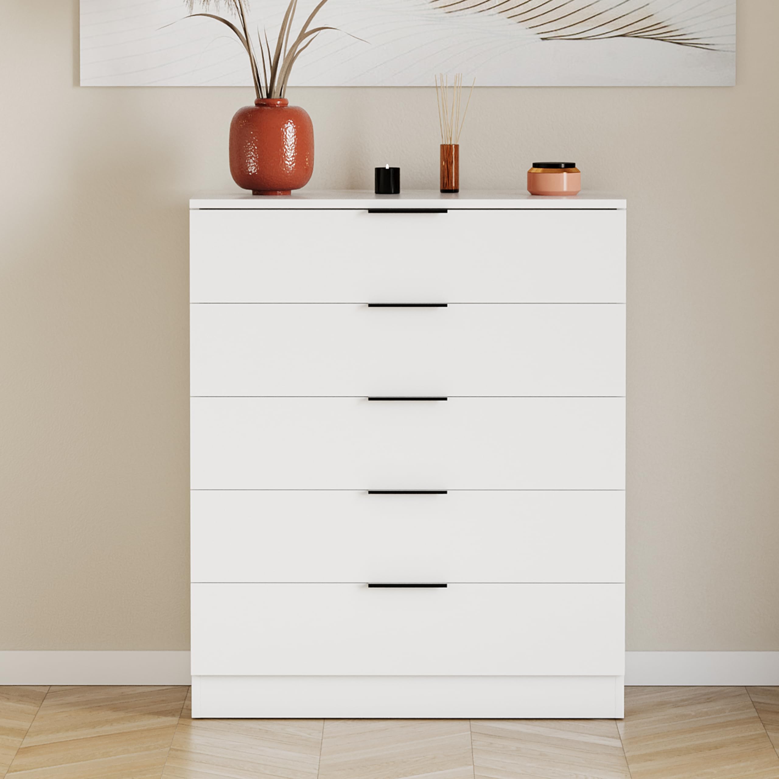 Vida Designs Trega 5 Drawer Chest of Drawers - White | 90H x 66W x 36D cm | Space-Saving 3