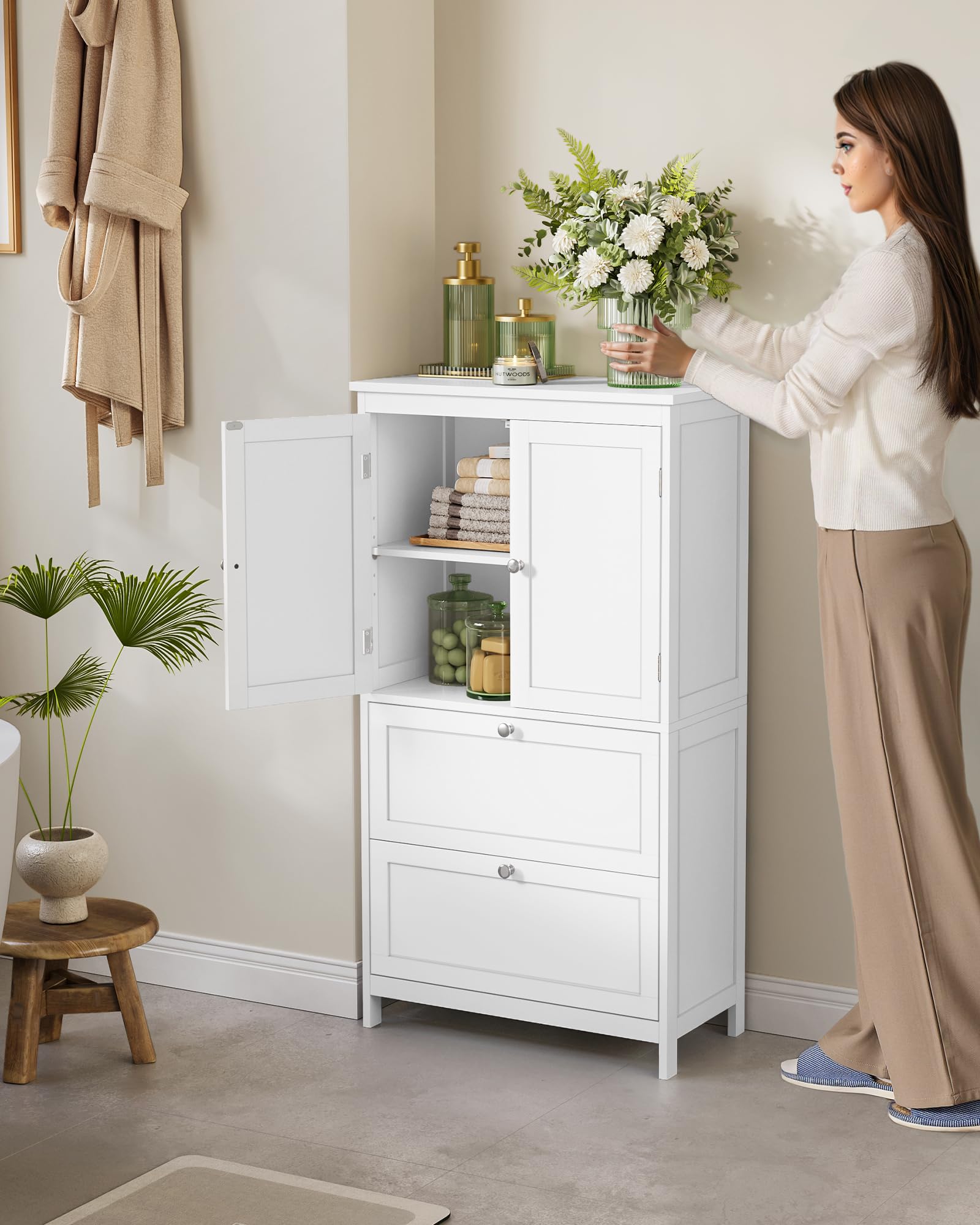 VASAGLE Freestanding Bathroom Storage Cabinet - White | Adjustable Shelf | 30x60x110 cm 2