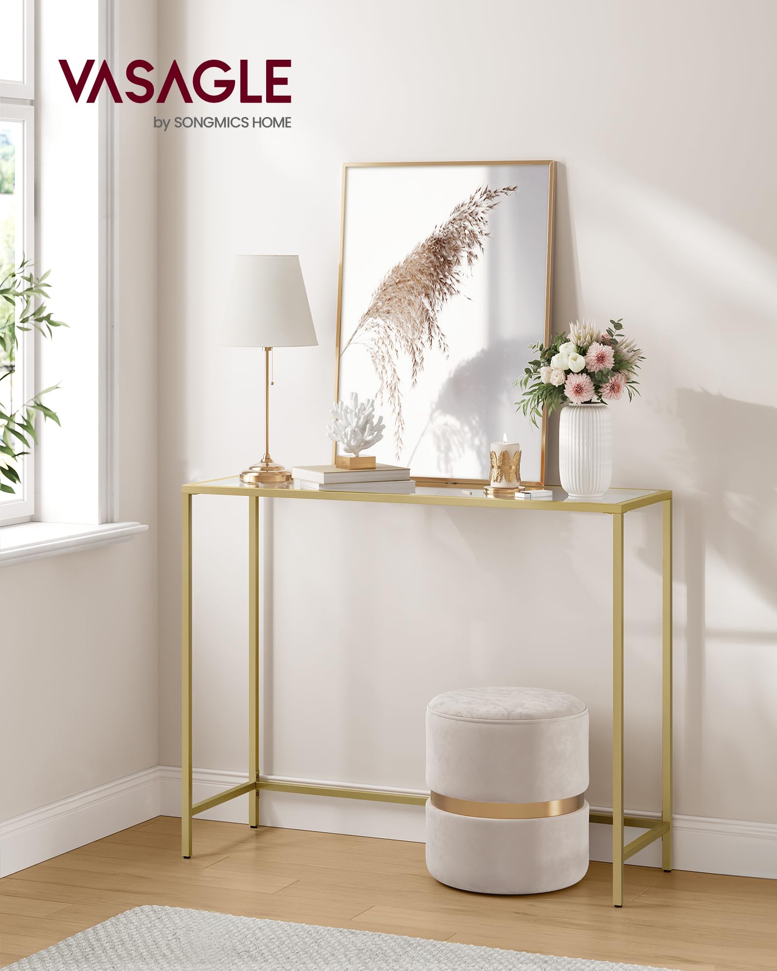 VASAGLE Console Table - Tempered Glass Top | Metal Frame | 100x35x80 cm | Gold Finish 2