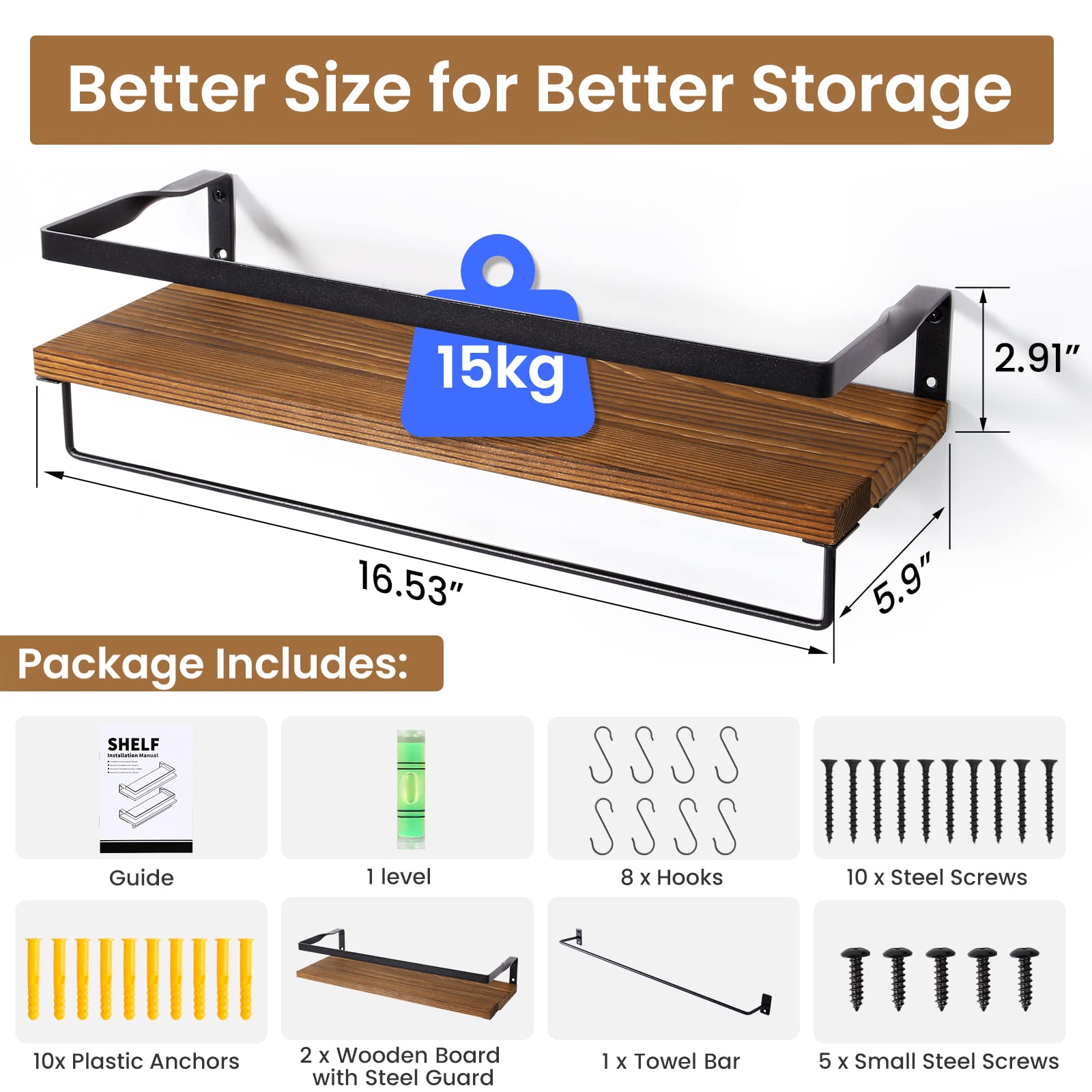 AGM Floating Shelves Wall Mounted Set of 2 Wooden Shelves Rustic Brown w/ Hooks & Towel Bar 3