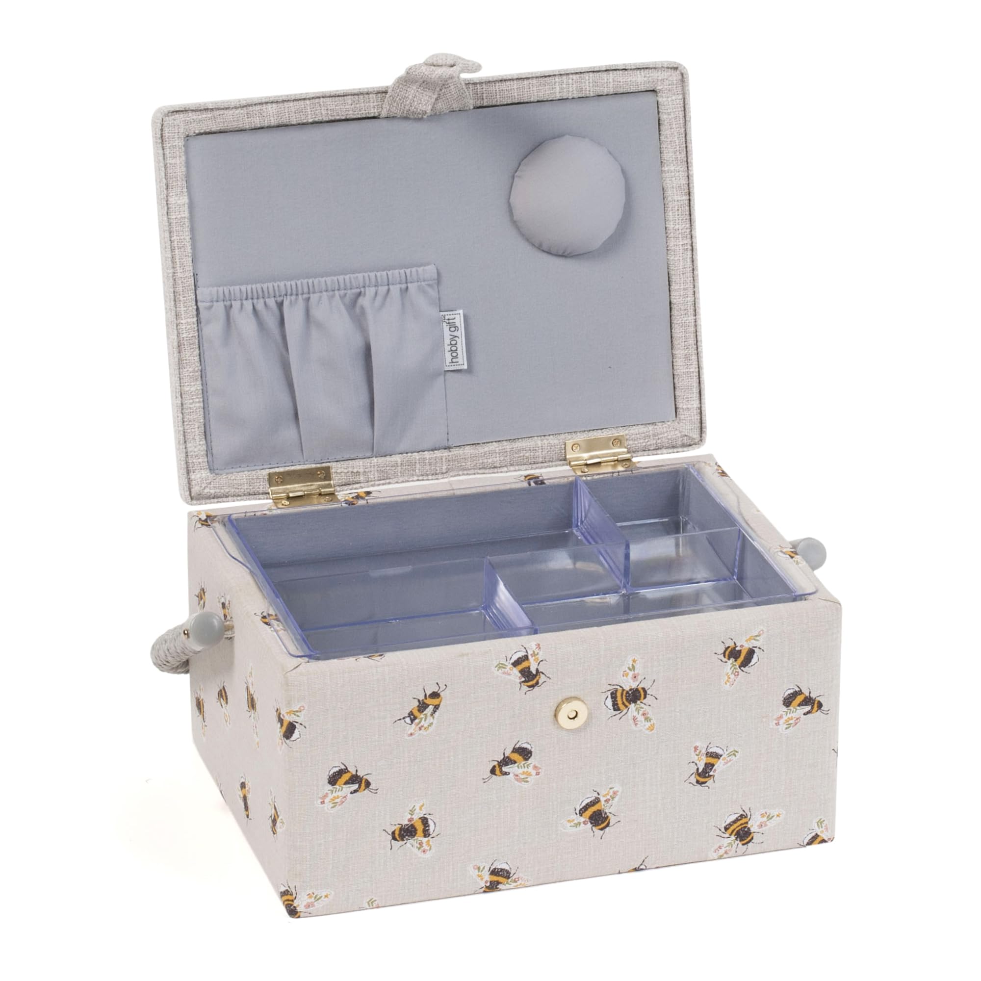 Hobby Gift Medium Sewing Basket - Embroidered Bee | Wood/Fabric | Includes Tray & Pincushion 8