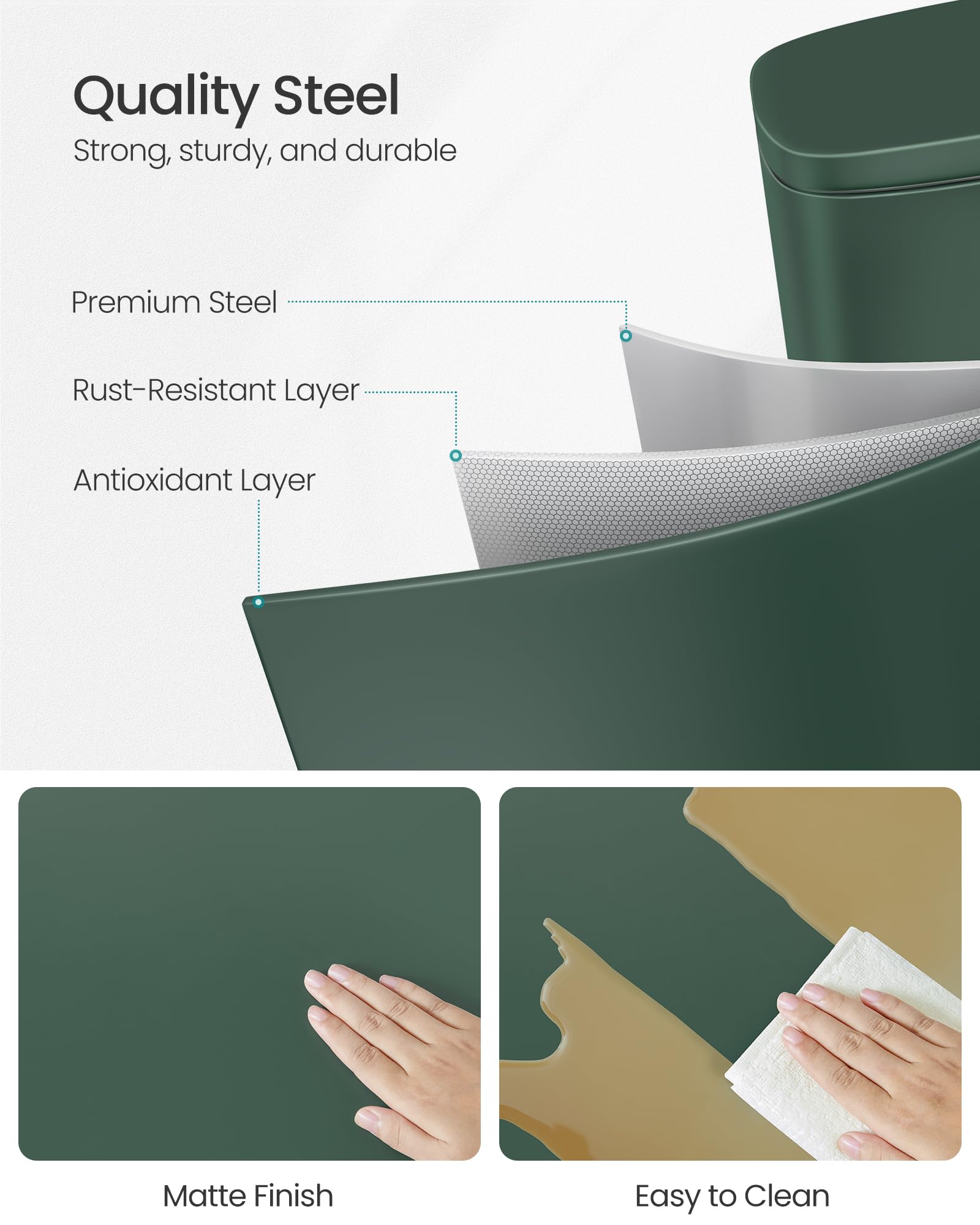 SONGMICS Kitchen Bin - 30L Pedal Rubbish Bin | Soft Close | Retro Green Steel | Inner Bucket 3