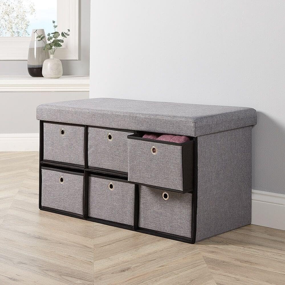 Home Source Folding Ottoman 6 Drawer Fabric Storage Chest | 76cm Width | Grey 3