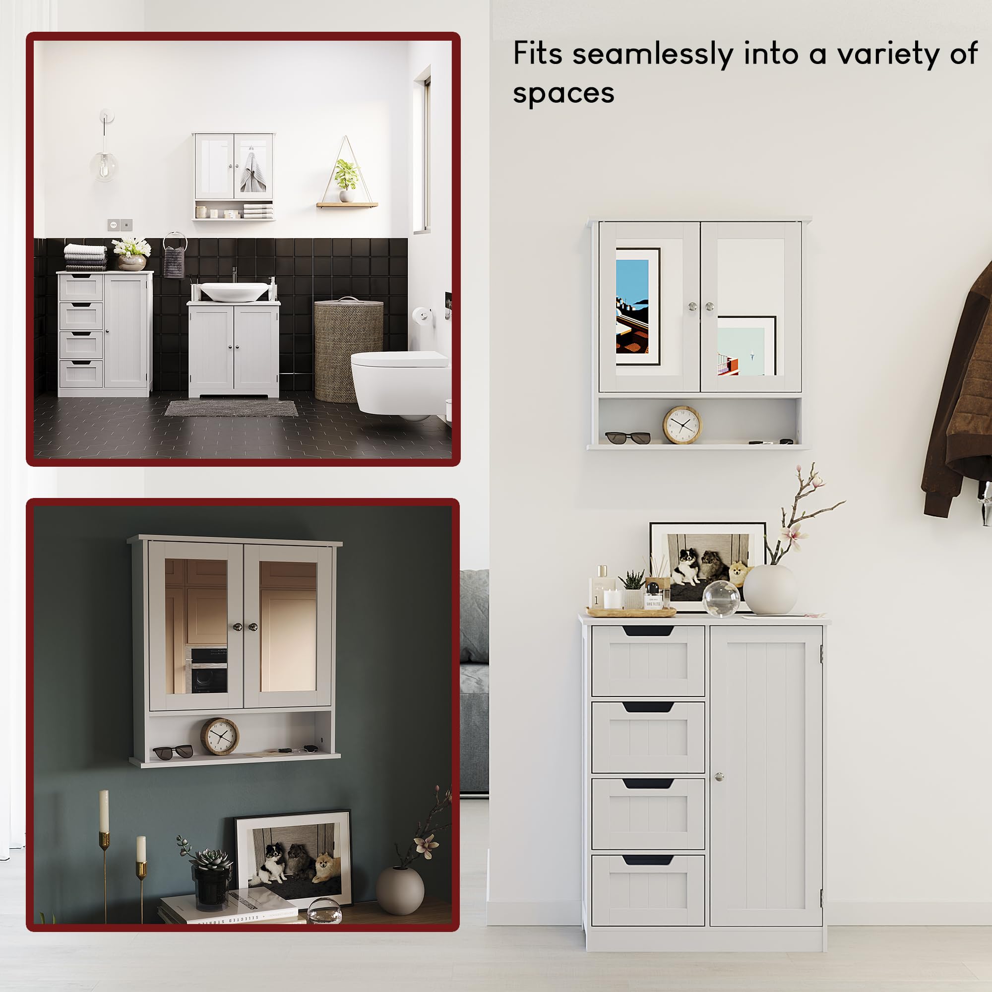 Bath Vida Priano Double Door Mirrored Bathroom Cabinet - White Wood, H 58 x W 56 x D 13 Cm 6