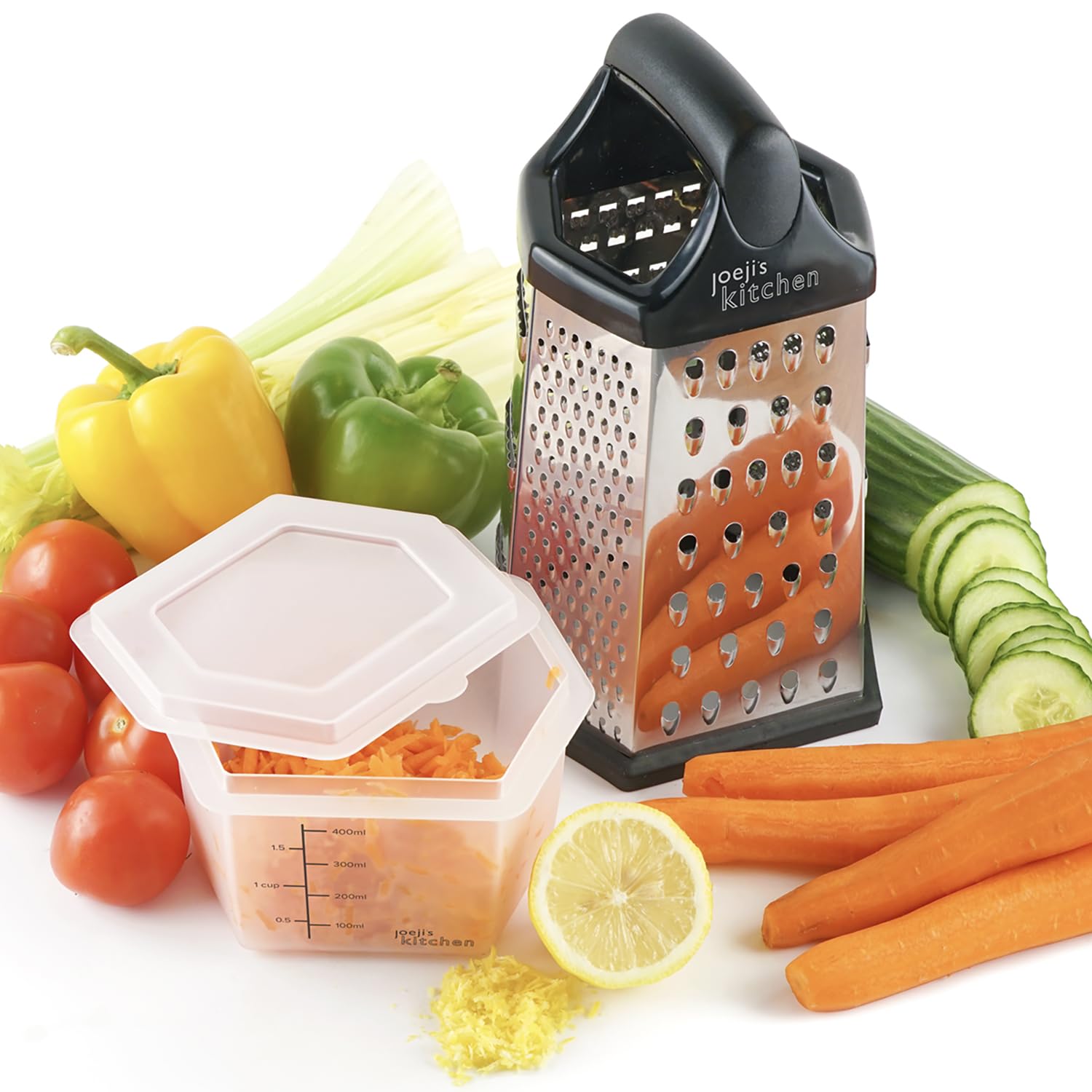 joeji's Kitchen 6-Sided Stainless Steel Cheese Grater with Non-Slip Base and Container 8