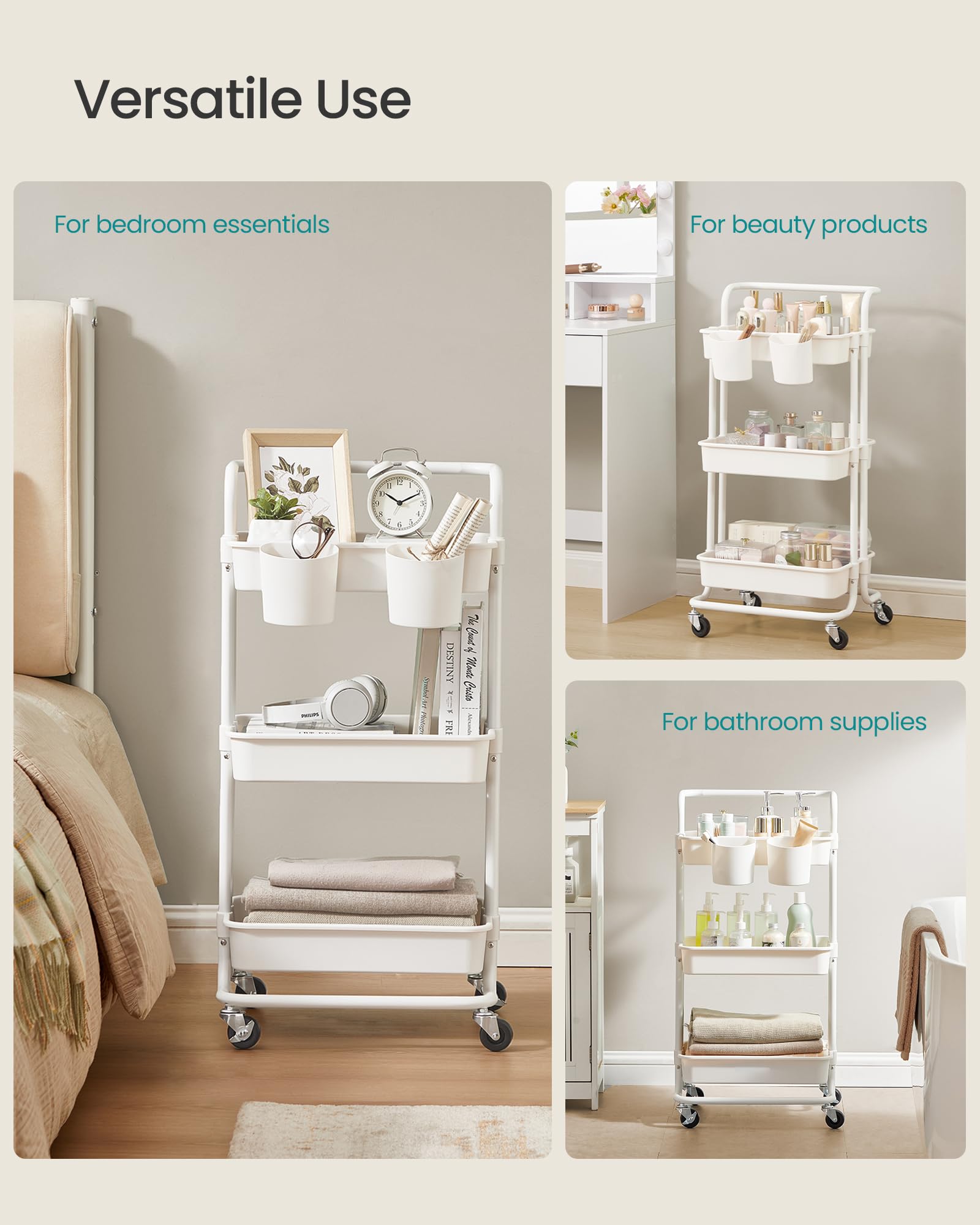 SONGMICS 3-Tier Rolling Storage Cart with Handle | Plastic Alloy Steel | White 4