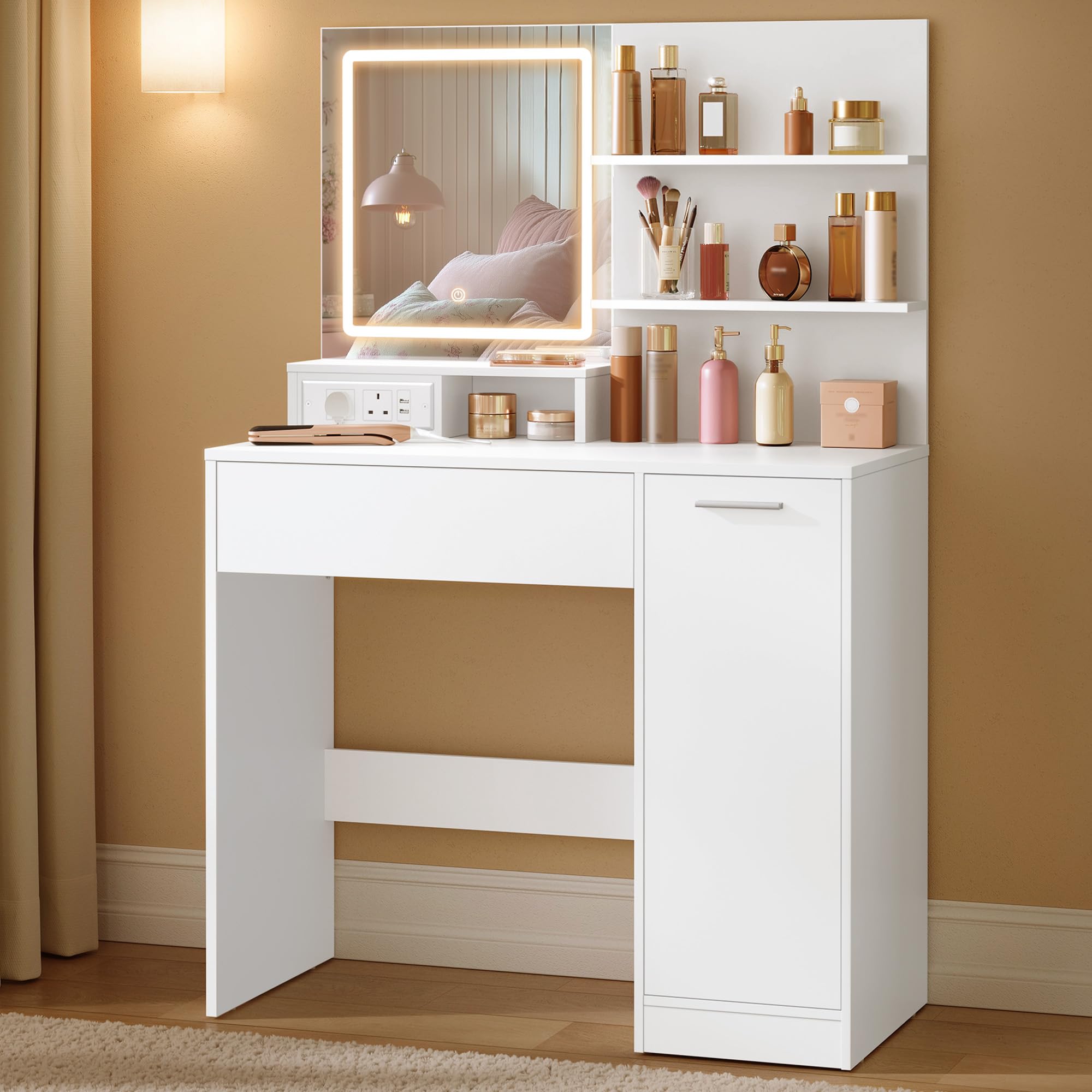 VASAGLE KAILYN Dressing Table with LED Mirror, Power Outlet, and Storage | White | 15.7'D x 31.5'W x 52'H 1