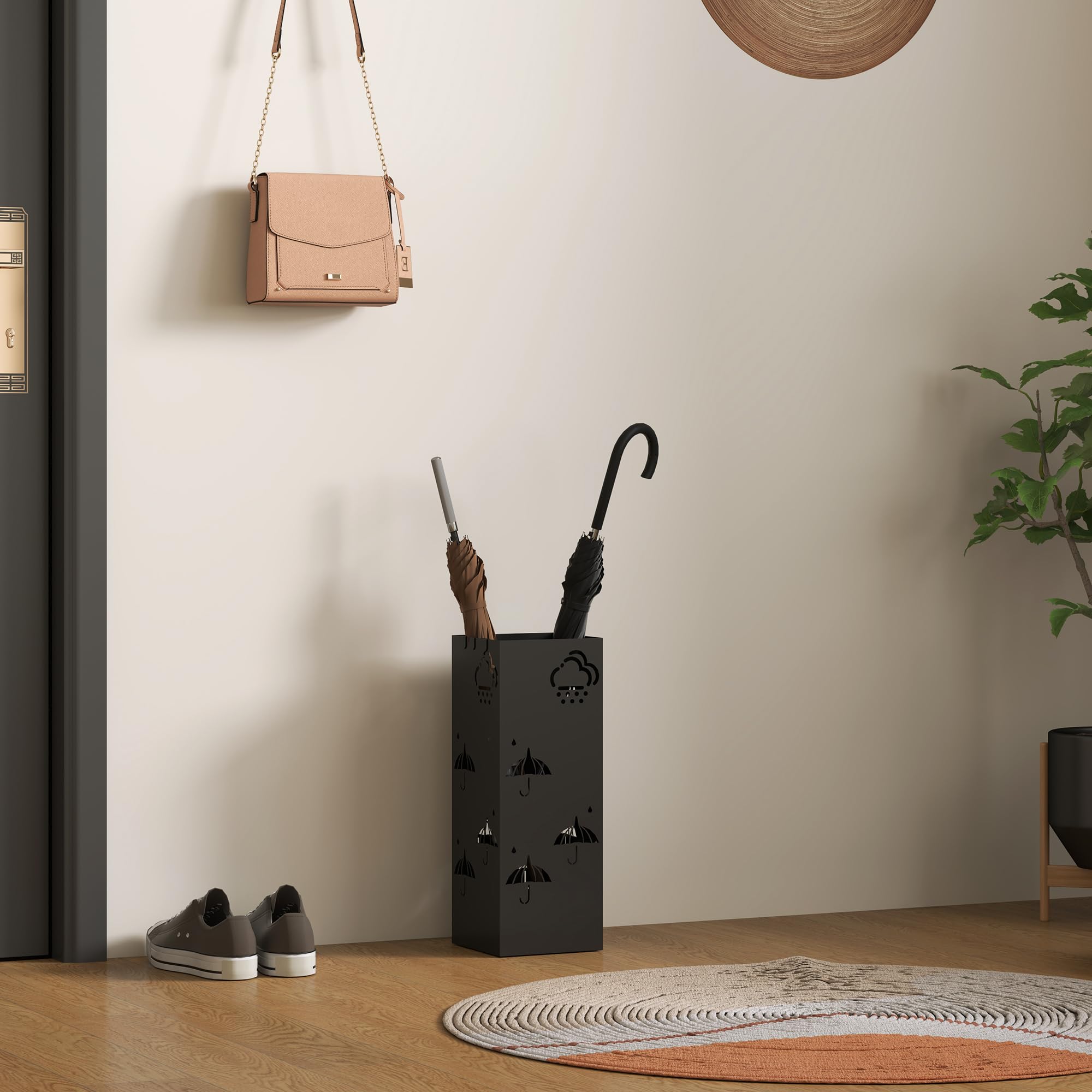 HOMCOM Metal Umbrella Stand with Drip Tray and 4 Hooks | Black | 15.5 x 15.5 x 41 cm 8