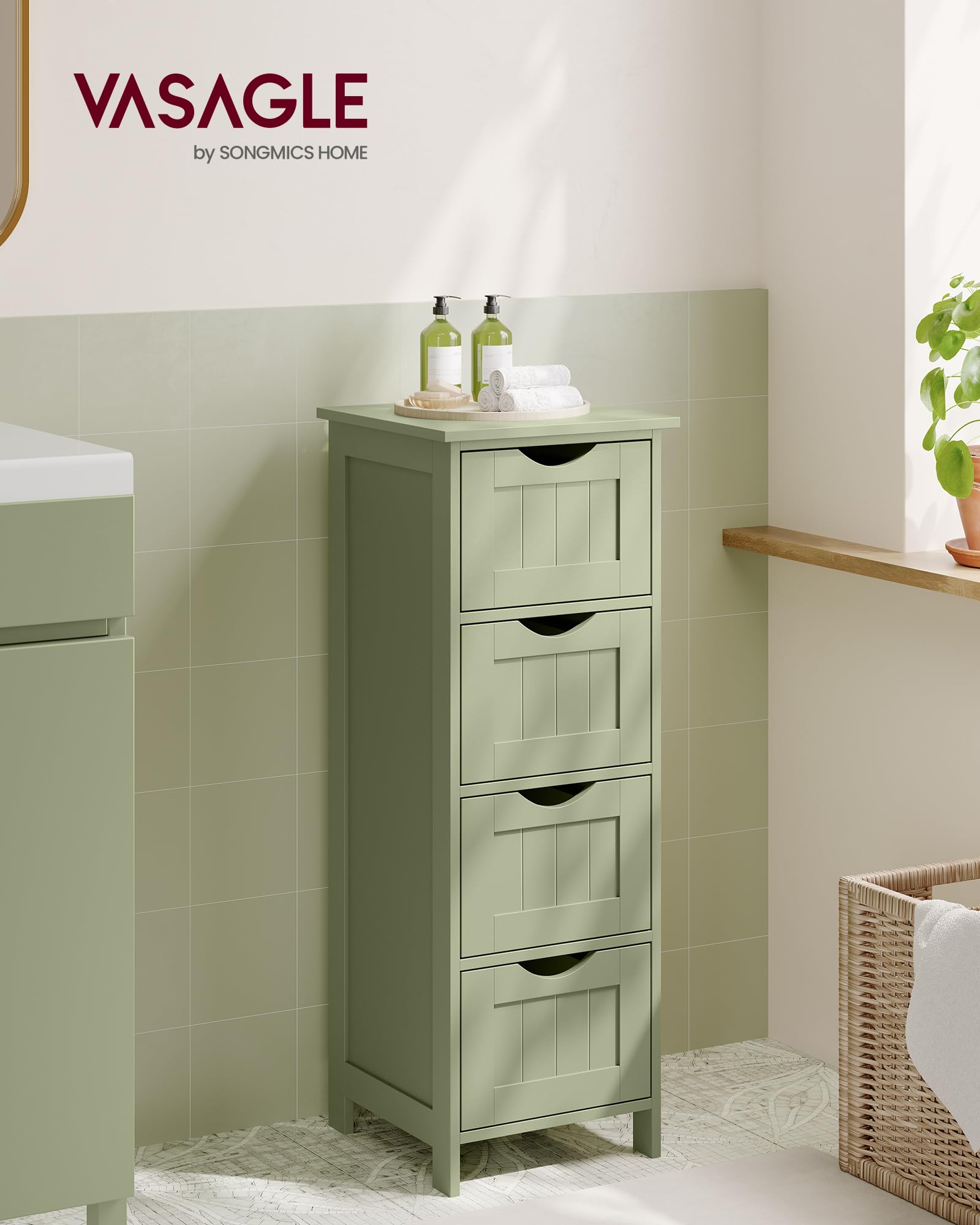 VASAGLE Bathroom Floor Storage Cabinet - 4 Drawers | 30 x 30 x 82 cm | Laurel Green | MDF 2