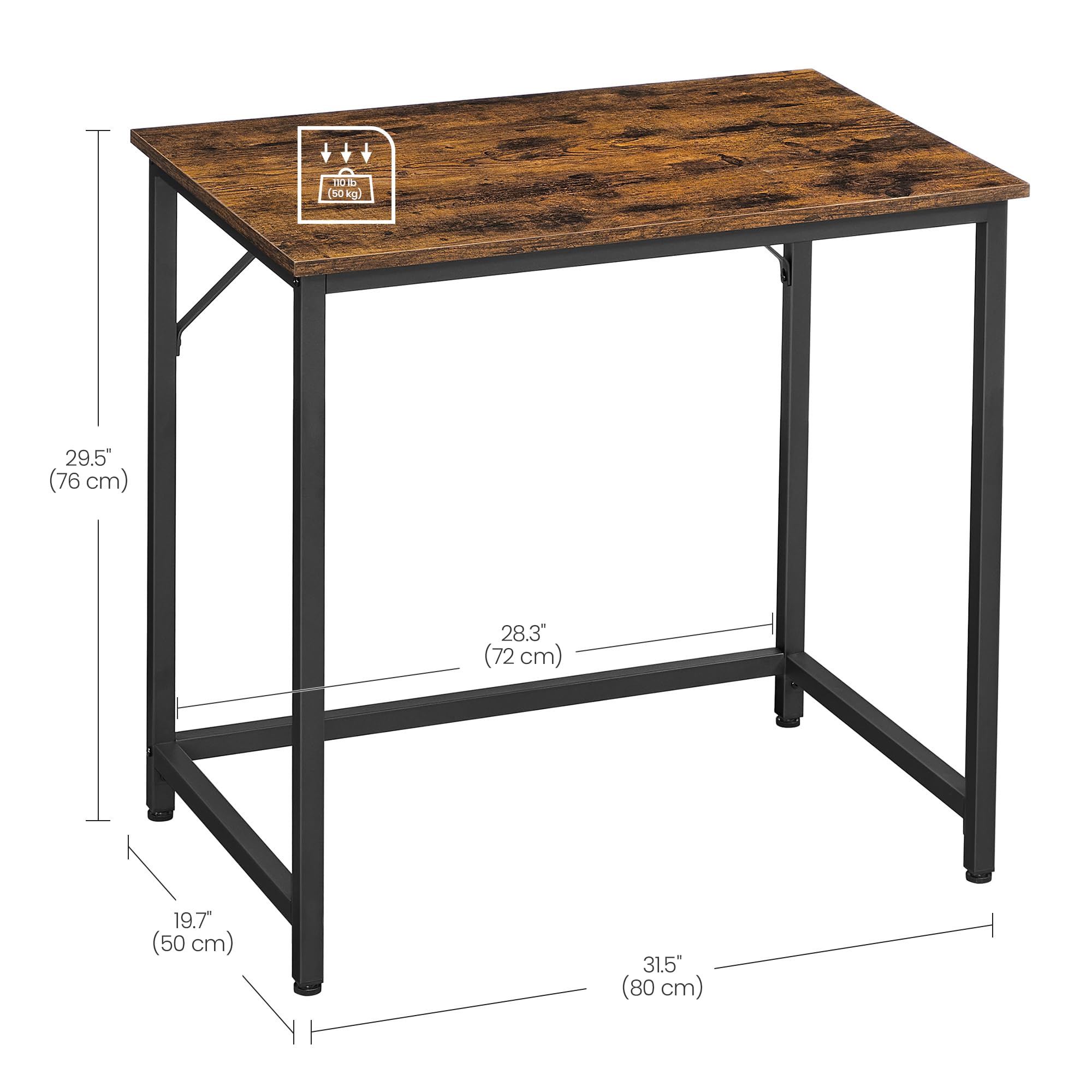VASAGLE Office Desk Workstation | 80 x 50 cm Compact Size | Industrial Style | Rustic Brown & Black 3