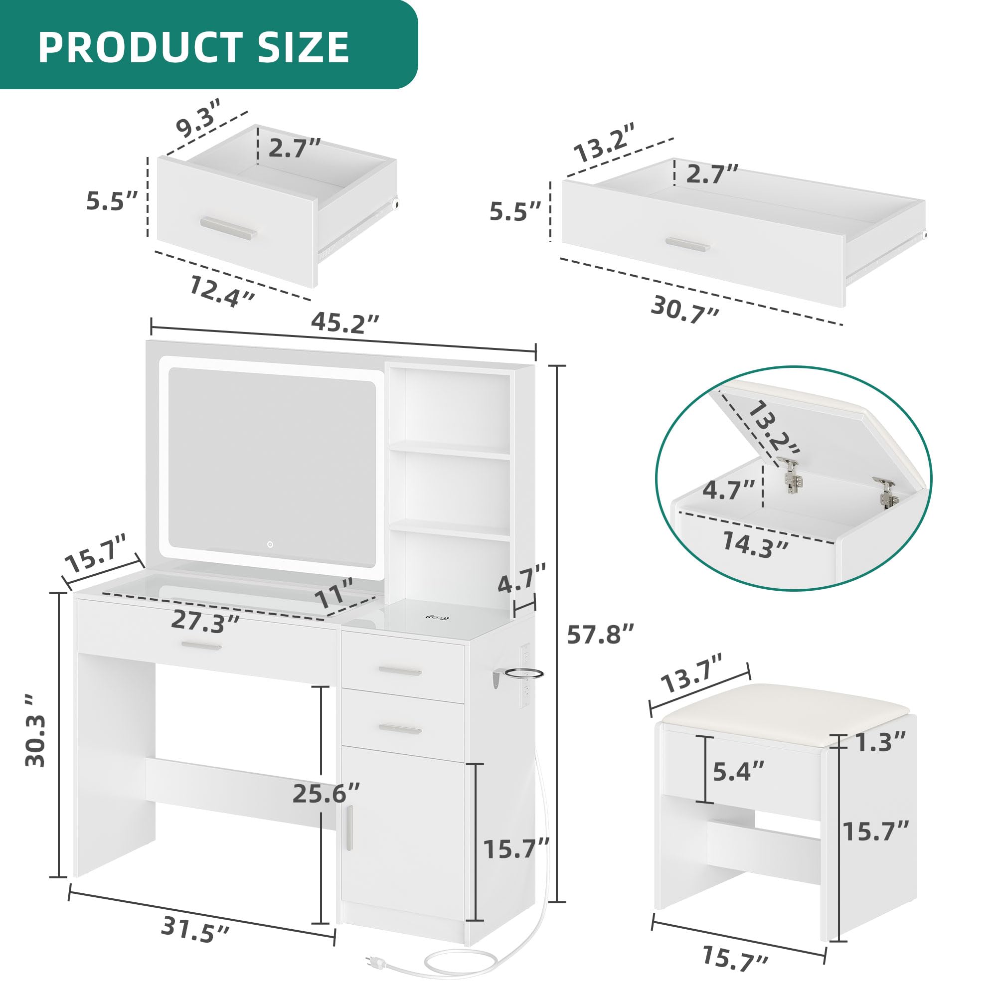 YITAHOME Dressing Table with Glass Top, LED Light, 3 Drawers, and Storage Stool 6