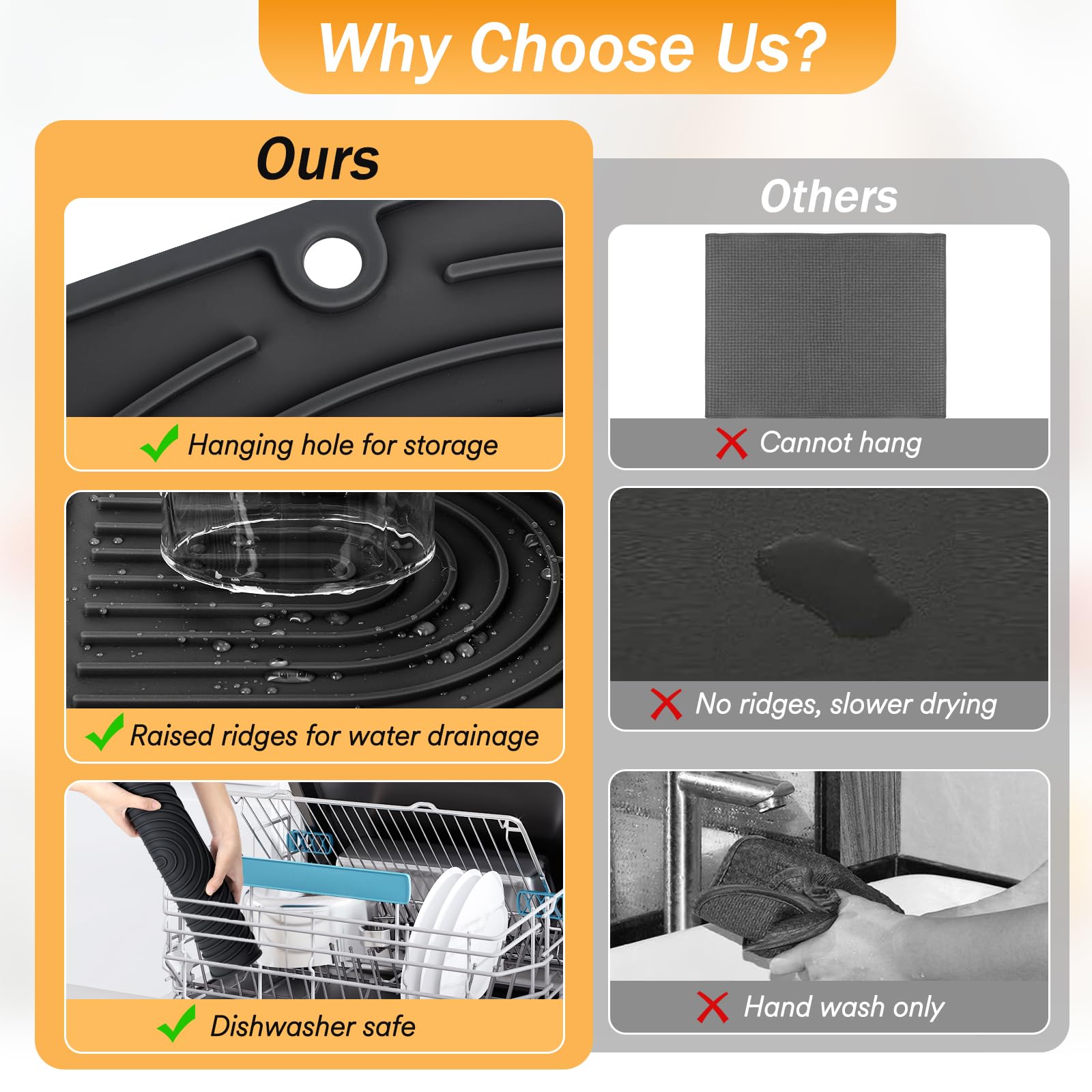 Euqvunn Silicone Dish Drying Mat - Heat Resistant up to 430°F | Medium 42.8 x 33.8 cm | Black 6