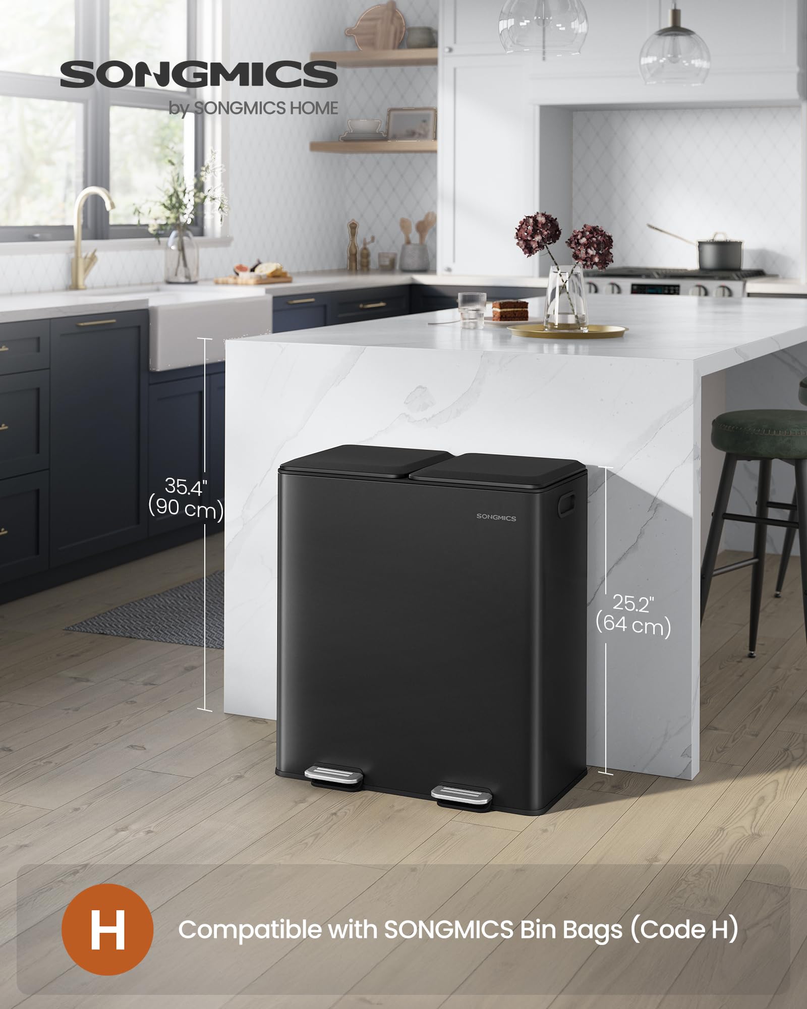 SONGMICS Kitchen Bin - Double Waste Separation System | 2 x 30 L Capacity | Ink Black 2