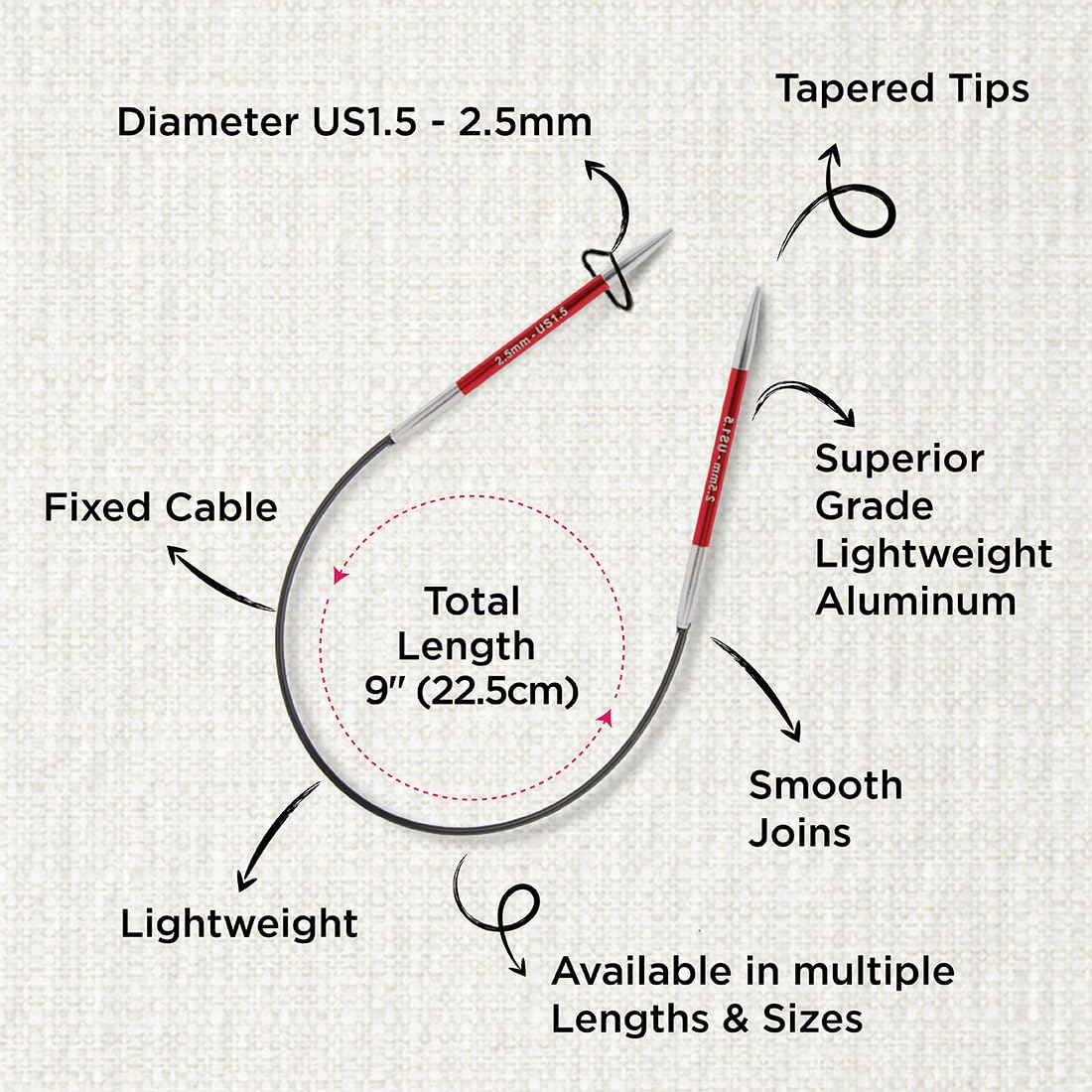 KnitPro Zing Fixed Circular Knitting Needles - 2.5mm Size | 22.5cm Length | Lightweight Aluminium 3