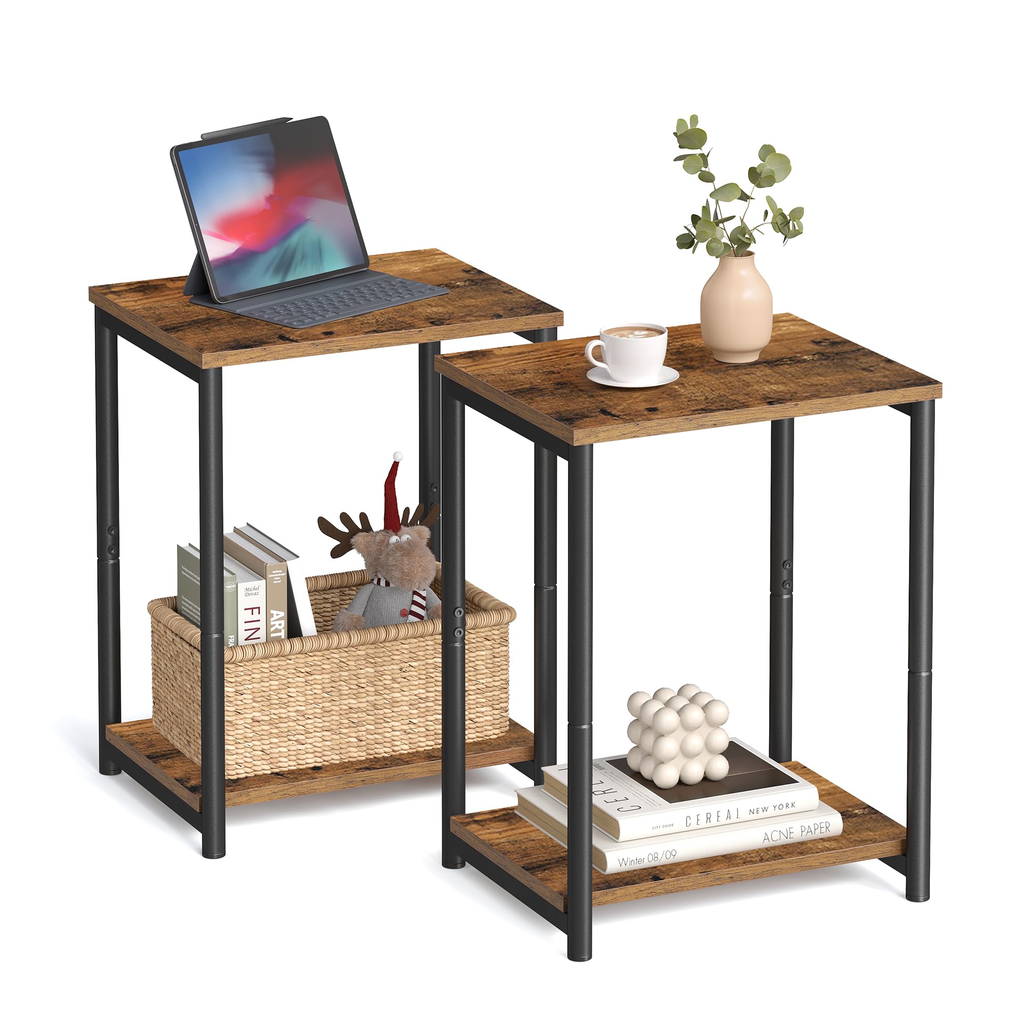 VASAGLE Set of 2 Side Tables - Rustic Brown Shelves & Steel Frame | 30 x 38.5 x 50 cm 1