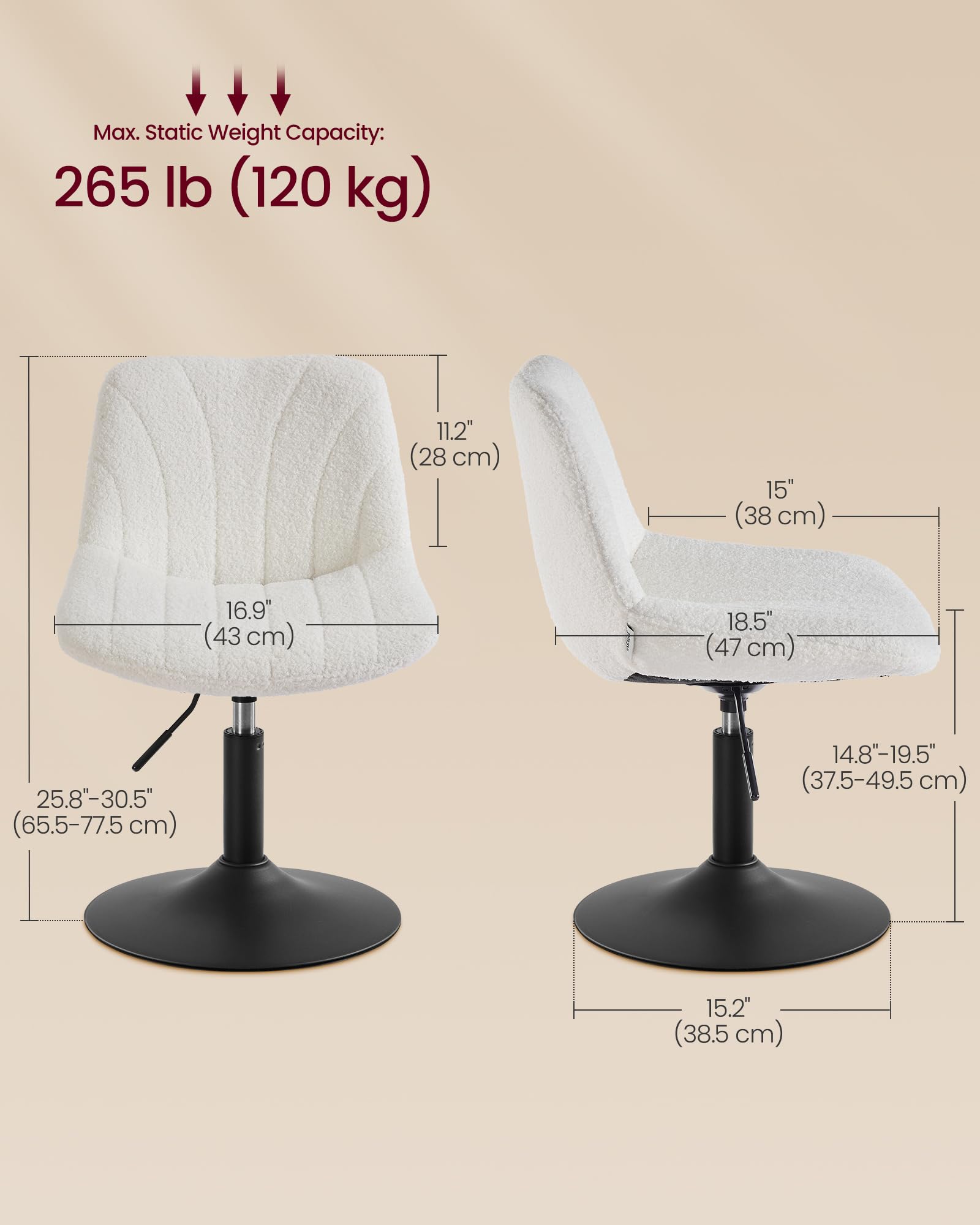 VASAGLE Adjustable Height Bar Stool with Backrest | Sherpa Fabric | Cloud White 2