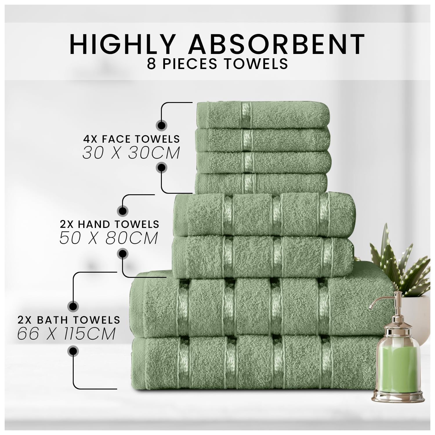 GC GAVENO CAVAILIA 8 Piece Egyptian Cotton Towel Set - 450 GSM | Sage Green | Quick Dry 2