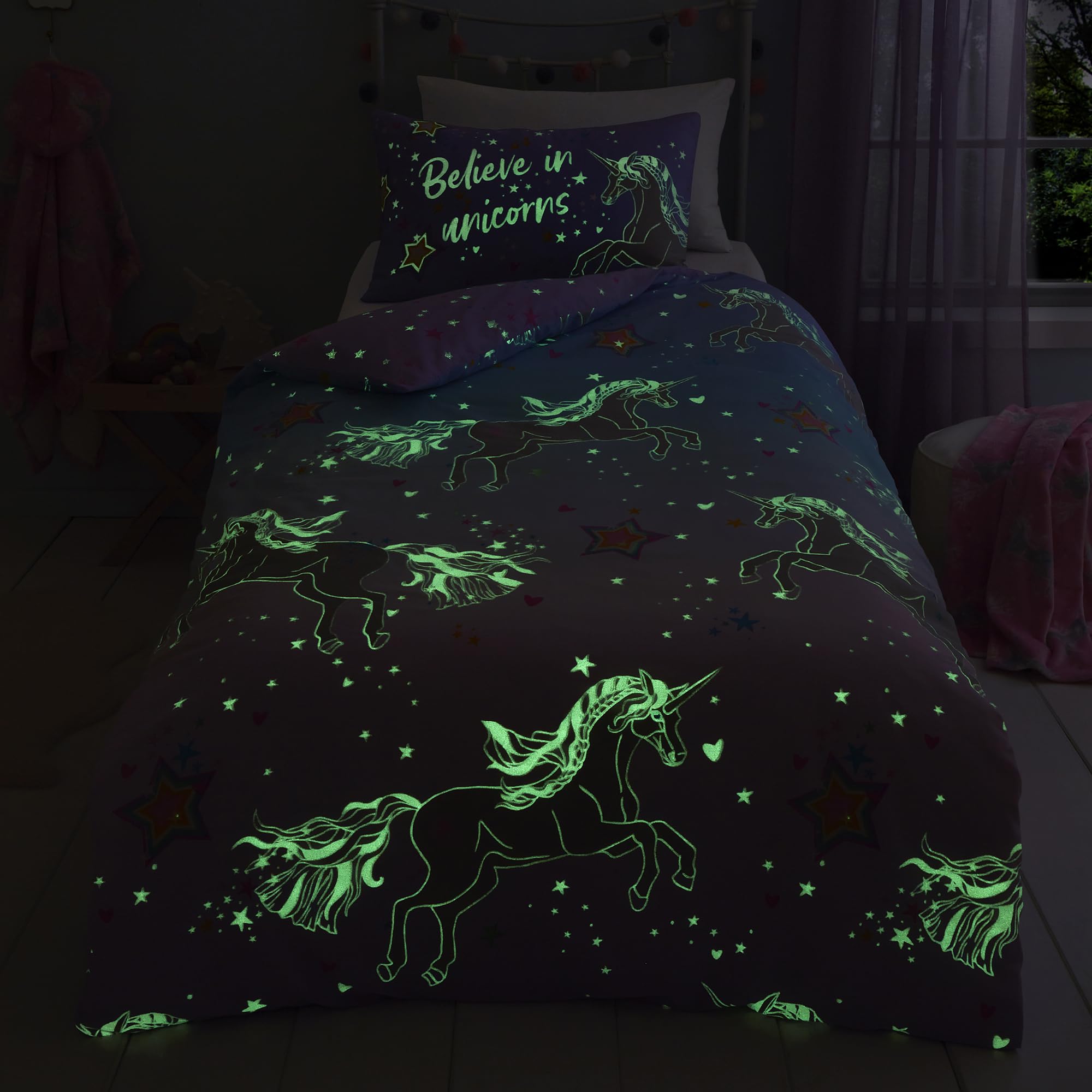 Bedlam Glow in the Dark Unicorn Duvet Cover Set - Single Size (135x200cm) - Lilac 6
