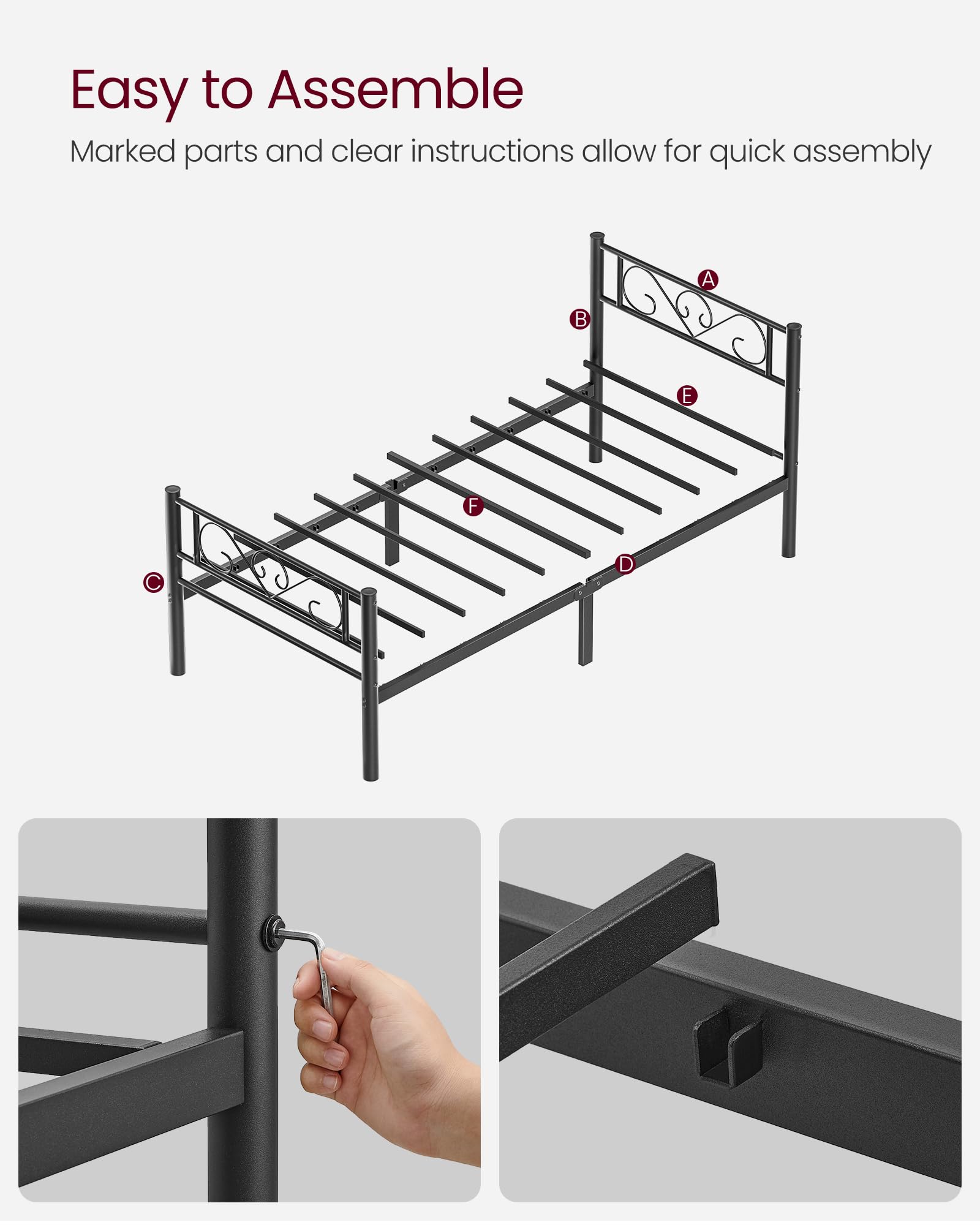 VASAGLE Single Bed Frame - Metal Construction | Fits 90 x 190 cm Mattress | Max Load 150 kg 7