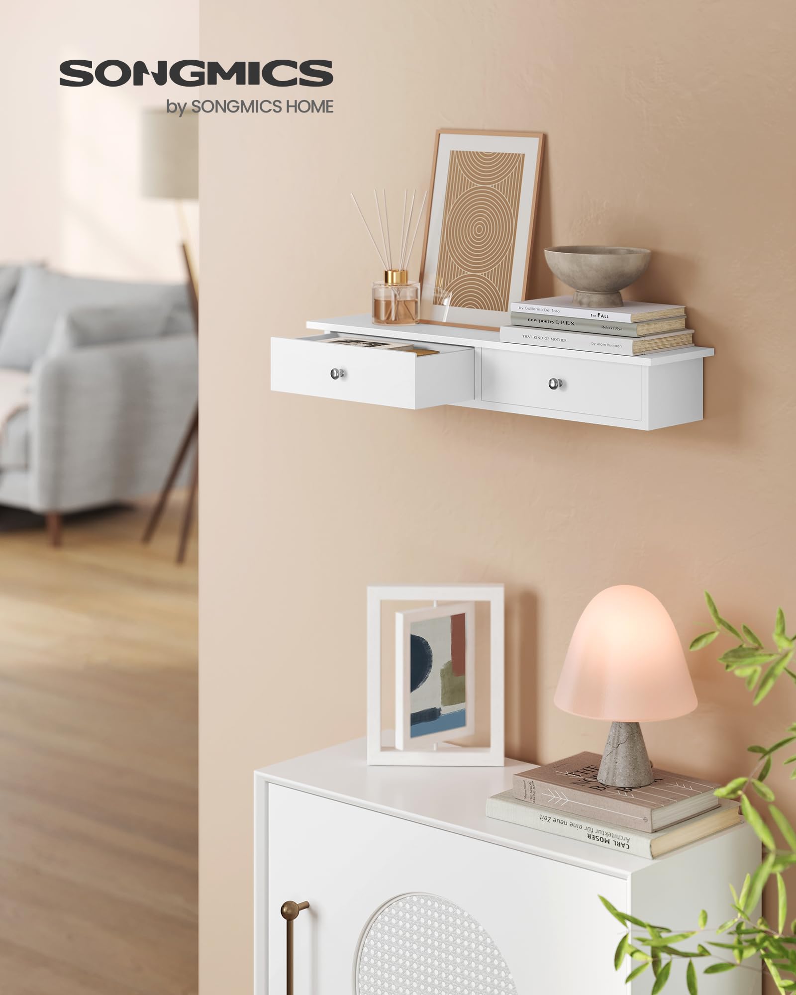 SONGMICS Floating Wall Shelf with 2 Drawers | White Engineered Wood | 65 x 15 x 10 cm | 15 kg Capacity 4