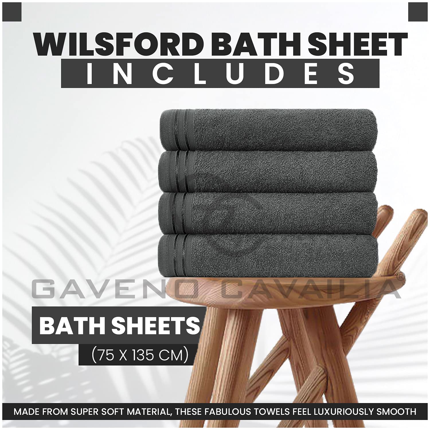 GC GAVENO CAVAILIA Wilsford Bath Sheets - 4 Pack Egyptian Cotton, 450 GSM, Charcoal, 75X135 Cm 3