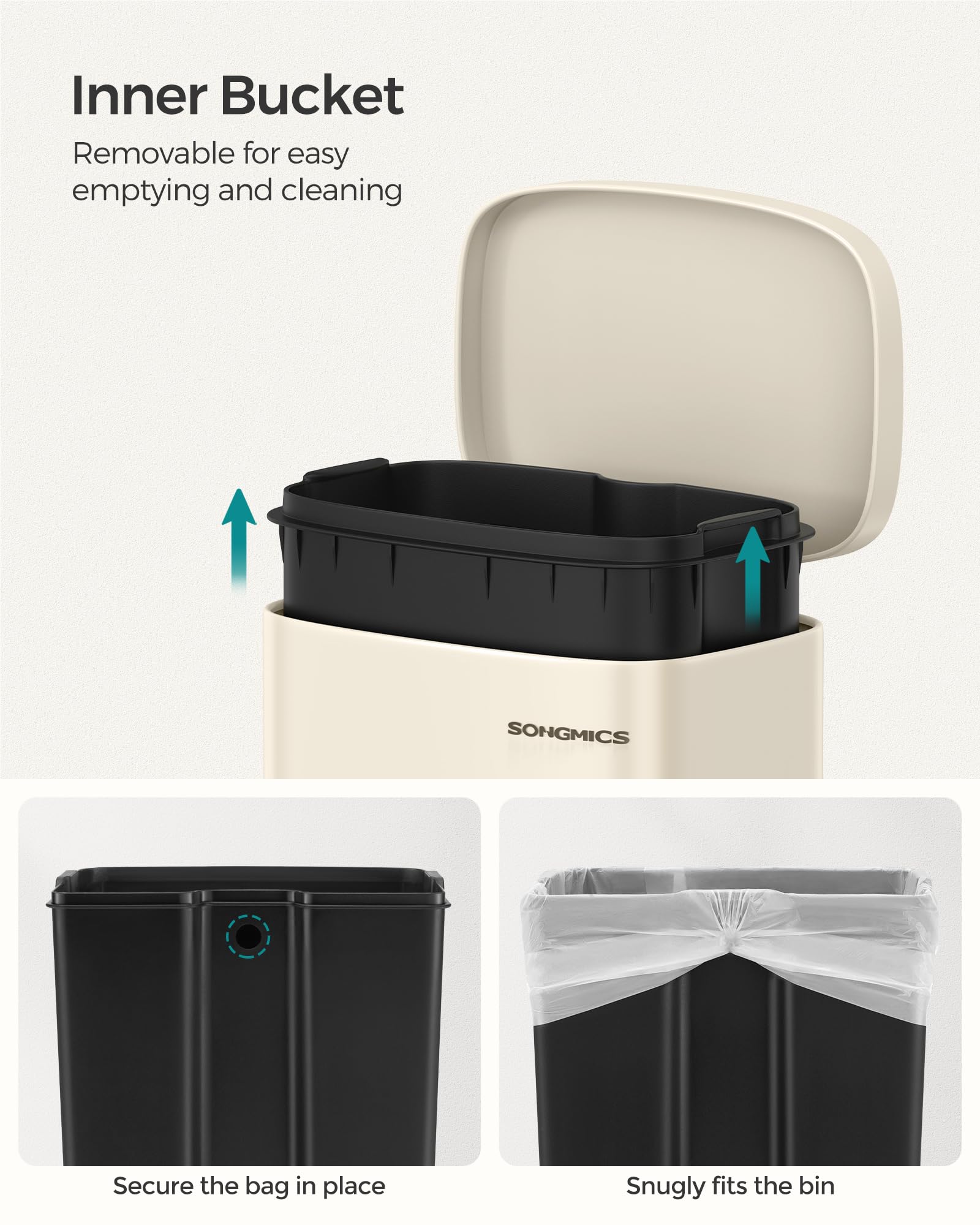 SONGMICS 30 L Kitchen Bin - Soft Close Pedal Operation | Sand Beige Steel 5