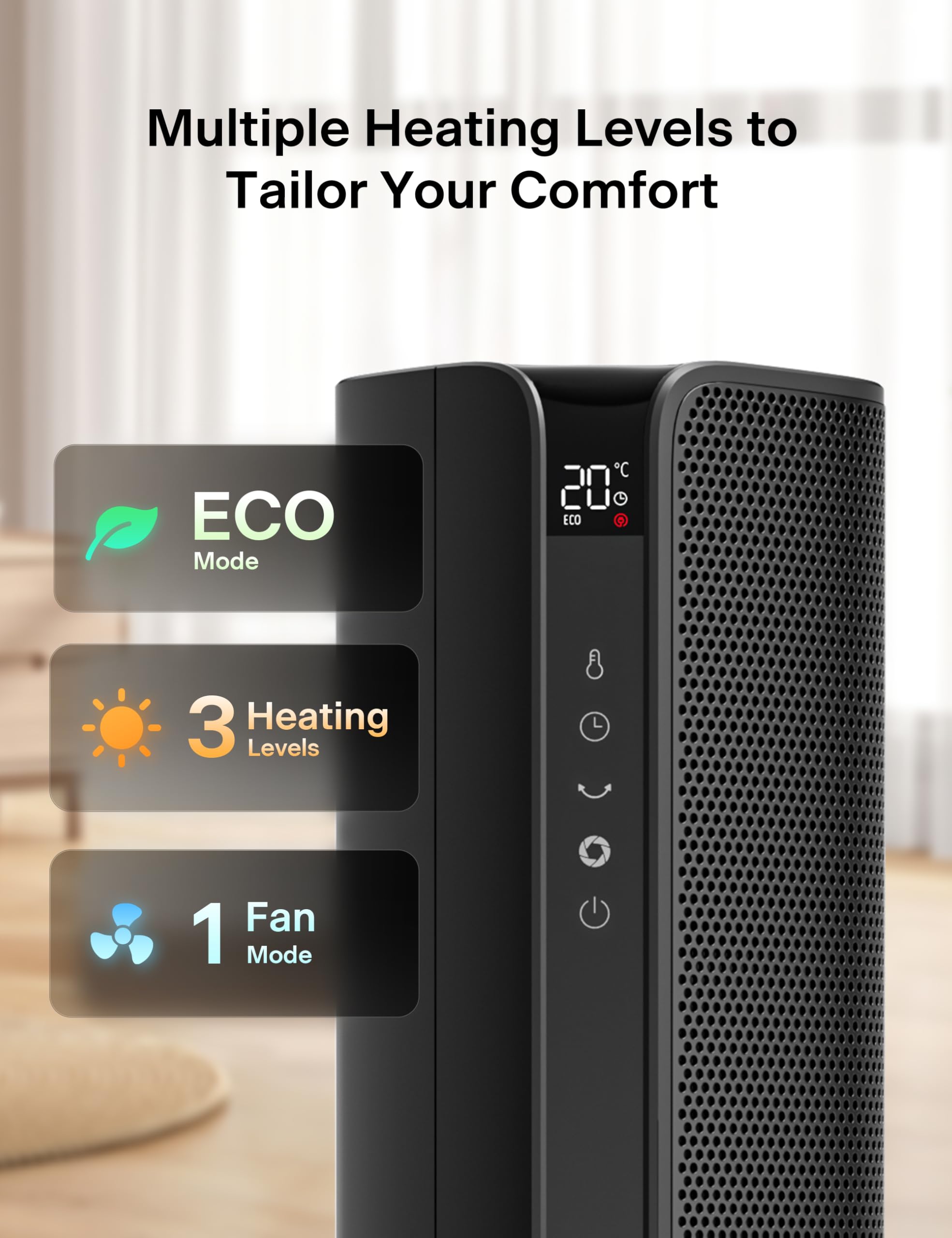 Pelonis Tower Heater Electric Fan 2000W with Remote Control | 75° Oscillation | Grey 7