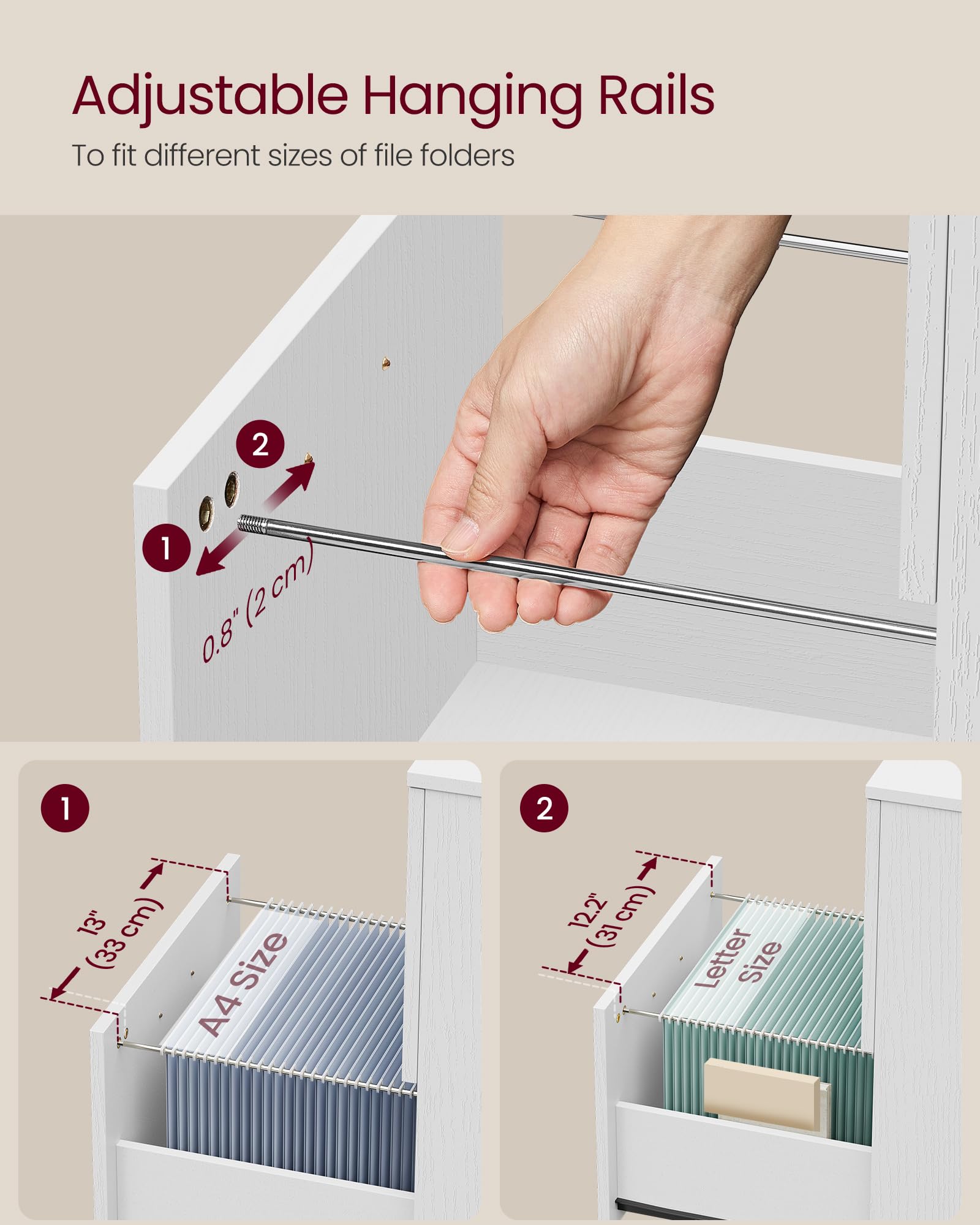 VASAGLE 2-Drawer Mobile File Cabinet - Rolling, Lockable, White | Fits A4/Letter Files 5