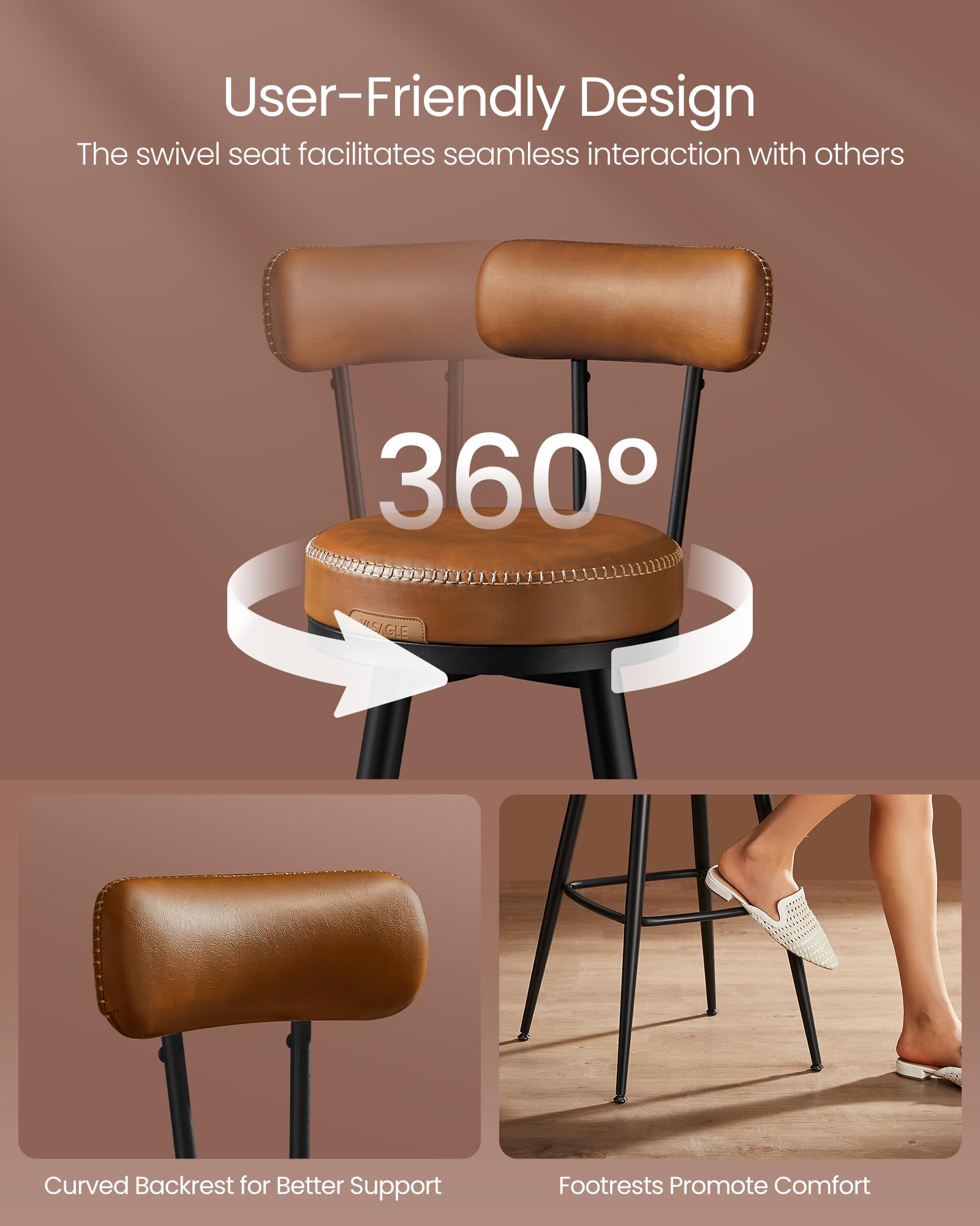 VASAGLE EKHO Collection Bar Stools - Set of 2 Swivel Counter Chairs | Caramel Brown | 57x57x101 cm 8