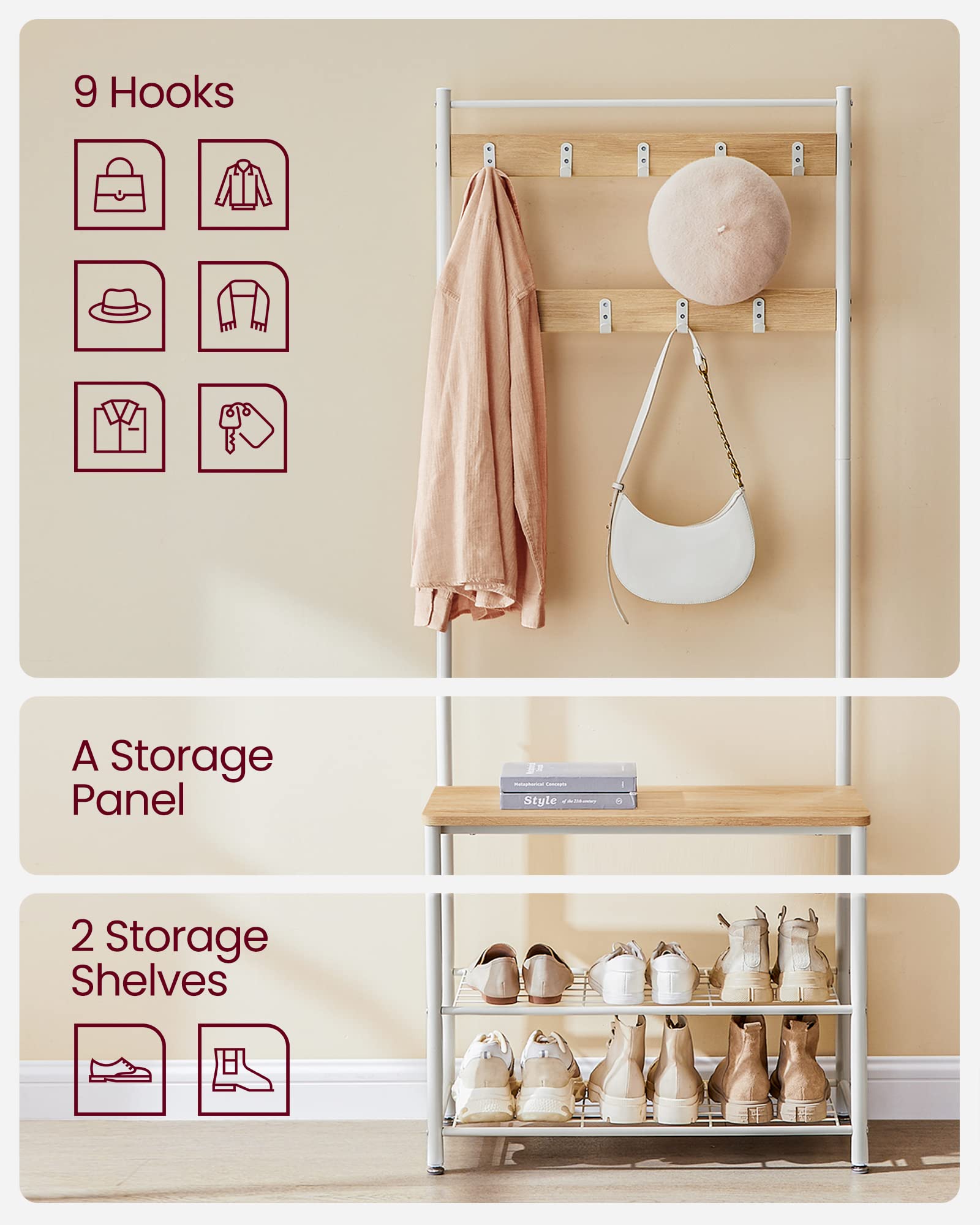 VASAGLE 3-in-1 Coat Rack with Shoe Bench and Shelf | Steel Frame | Colour Oak + Cream 8