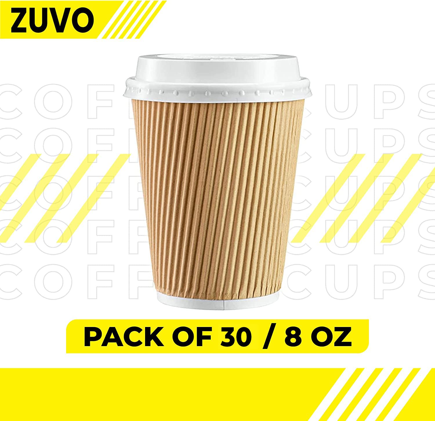 Zuvo Ripple Takeaway Paper Coffee Cups with Lids - Triple-Wall Insulation | 8 OZ | 30 Count