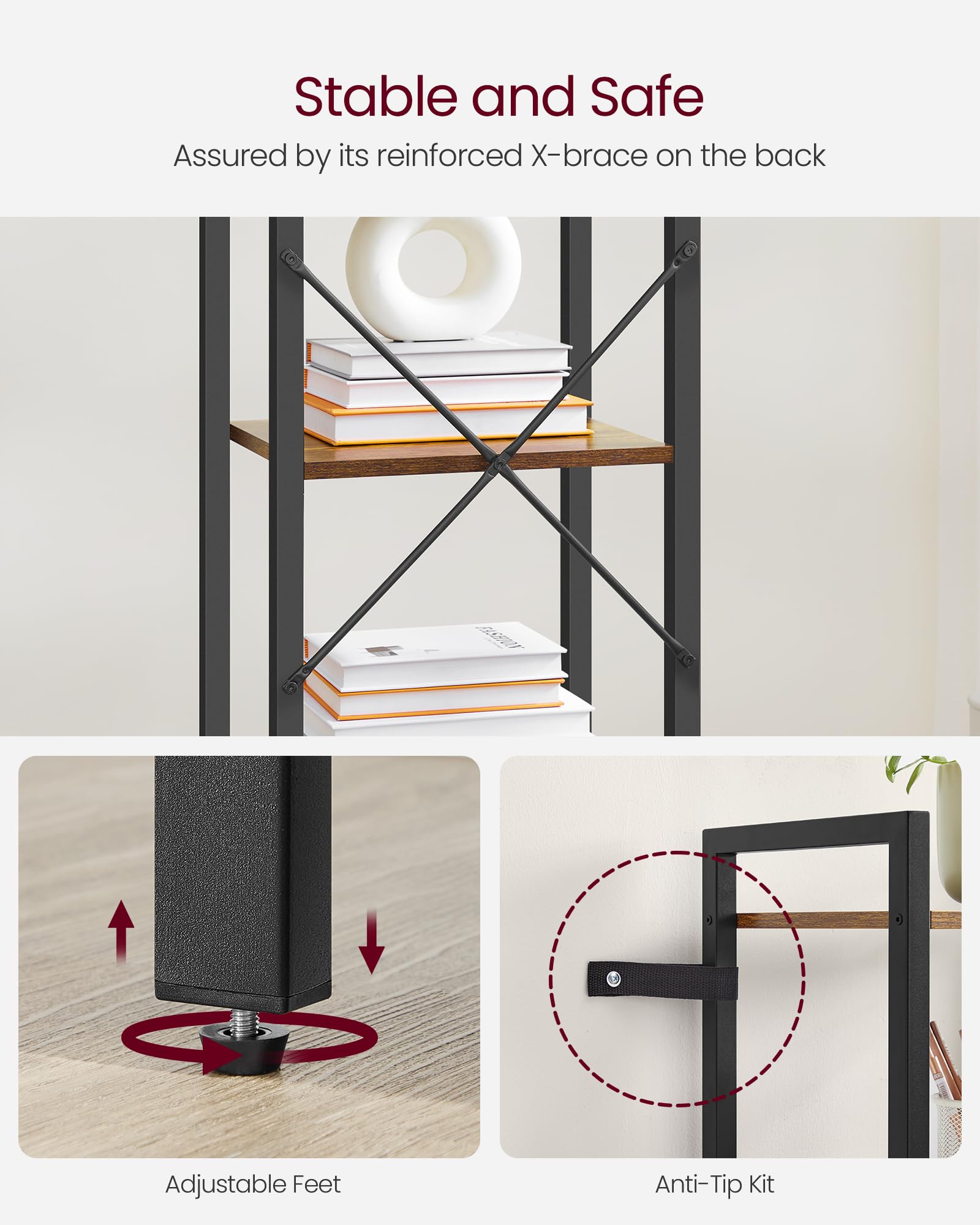 VASAGLE 5-Tier Bookshelf - Industrial Design | Rustic Brown & Ink Black | 30 x 39.6 x 154 cm 5