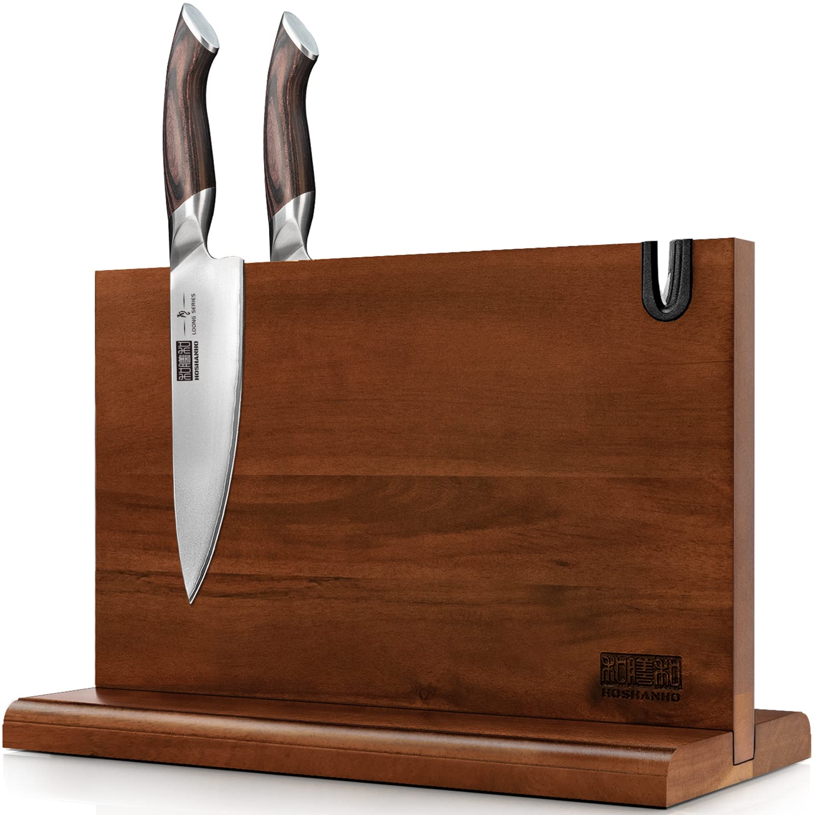 HOSHANHO Magnetic Knife Block - Double Sided, 14x10 Inches, Acacia Wood | Includes Whetstone 1