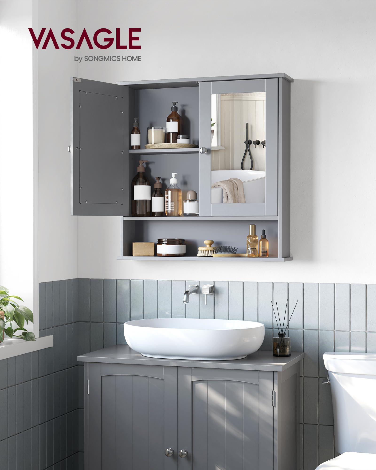VASAGLE Bathroom Mirror Cabinet with 2 Mirrored Doors | Dove Grey | 13D x 56.5W x 58.5H cm 2