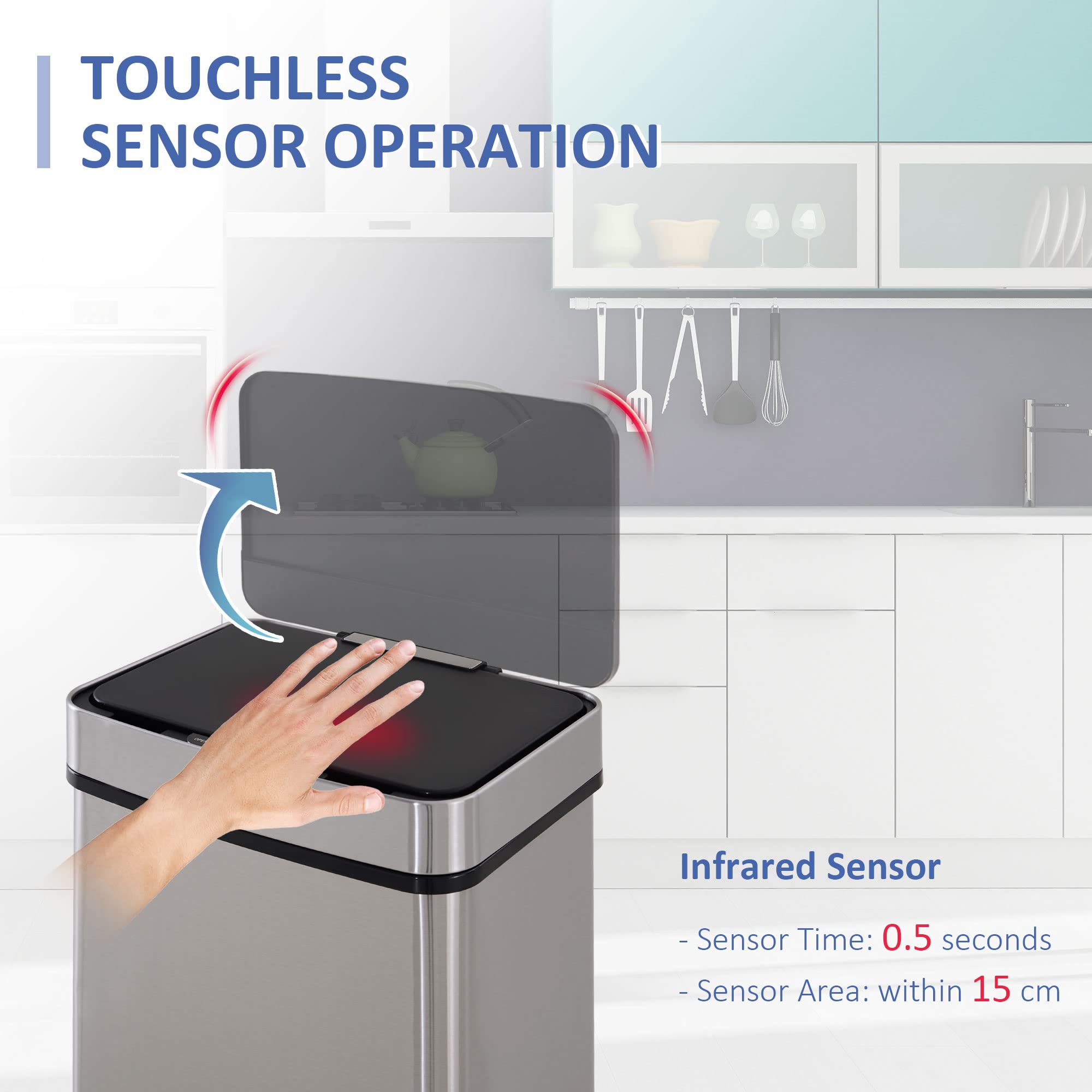 HOMCOM 72L Stainless Steel Sensor Trash Can - 3 Compartments for Waste Separation | Motion Sensor 3