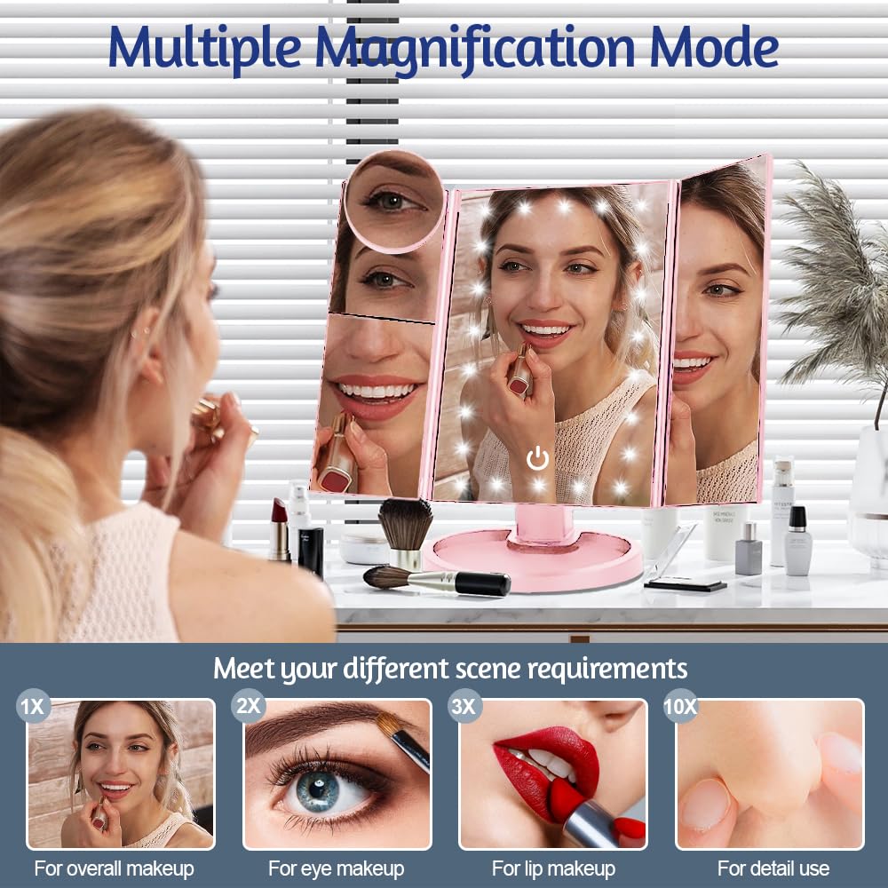 Woobroo Lighted Makeup Mirror - 22 LED Touch Control Dimmable | 1X/2X/3X/10X Magnification | 180° Rotation | Pink 3